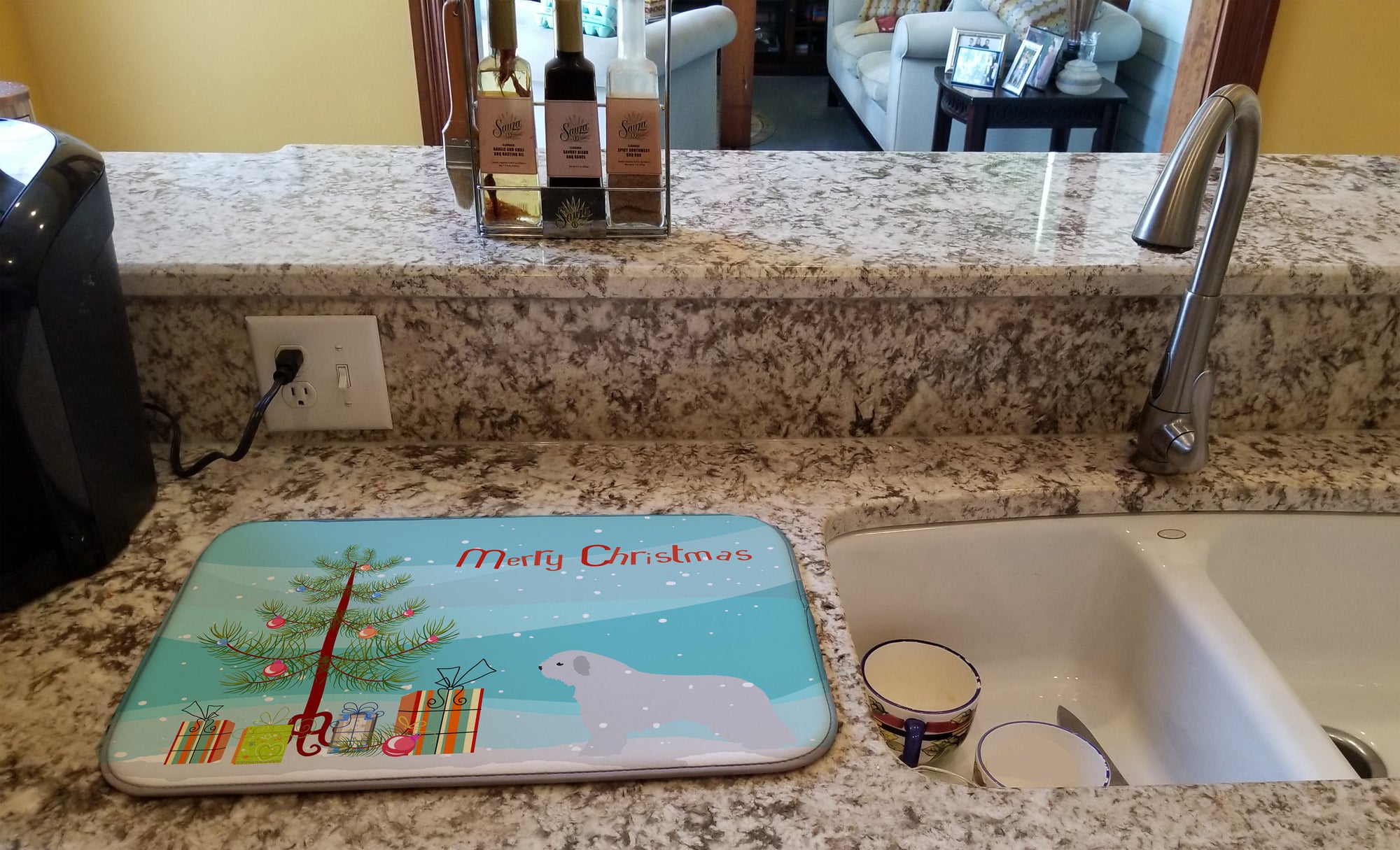 Caroline's Treasures Spanish Water Dog Merry Christmas Tree Dish Drying Mat – Absorbent, Artistic Kitchen Essentials BB2933DDM