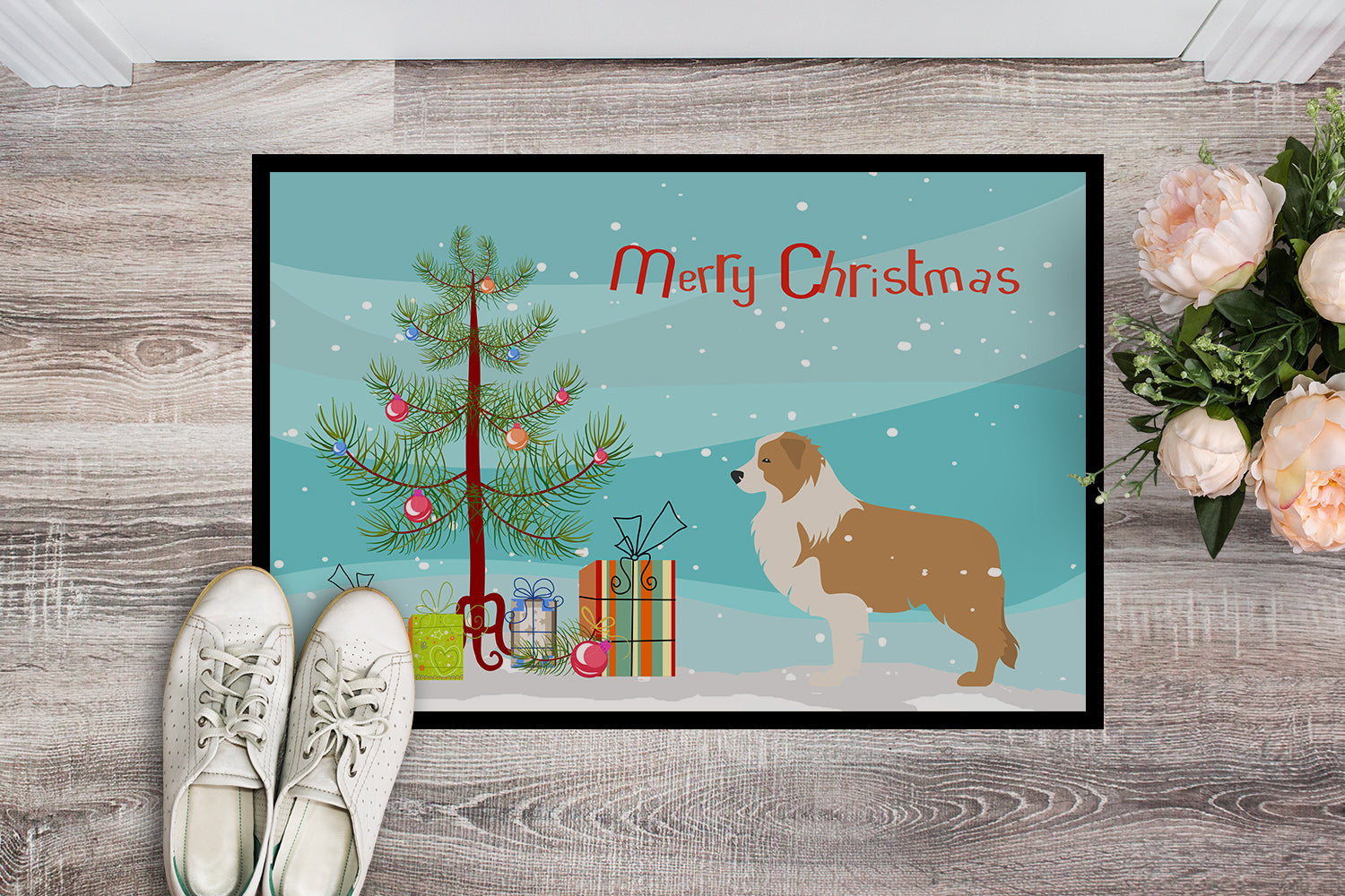 Red Border Collie Merry Christmas Tree Indoor or Outdoor Mat 18x27 BB2940MAT - the-store.com
