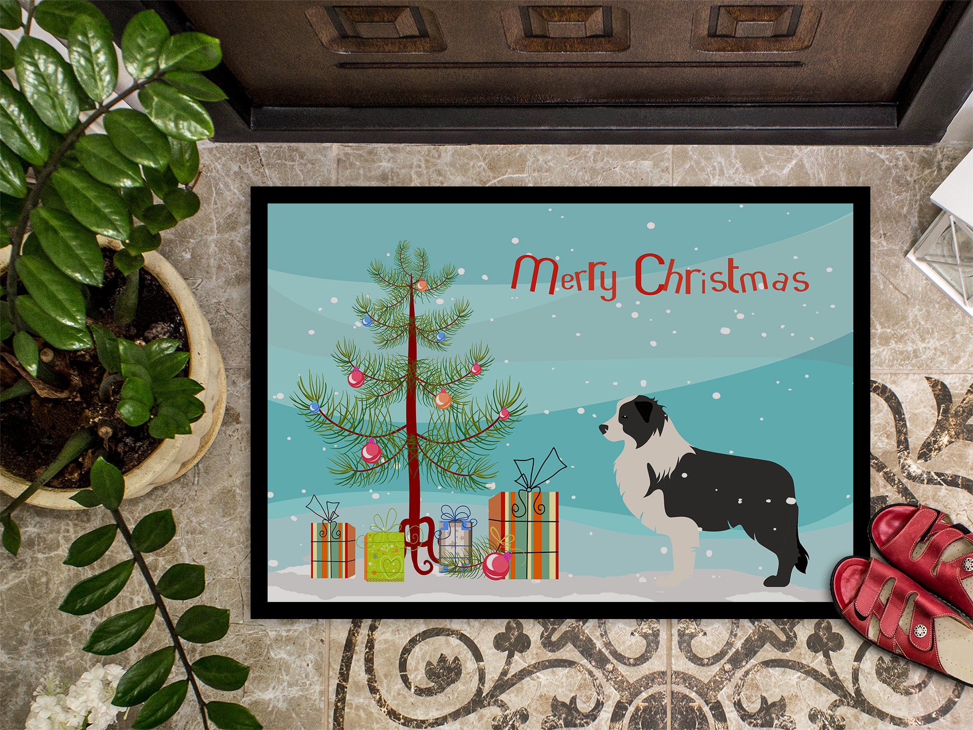 Black Border Collie Merry Christmas Tree Indoor or Outdoor Mat 18x27 BB2941MAT - the-store.com