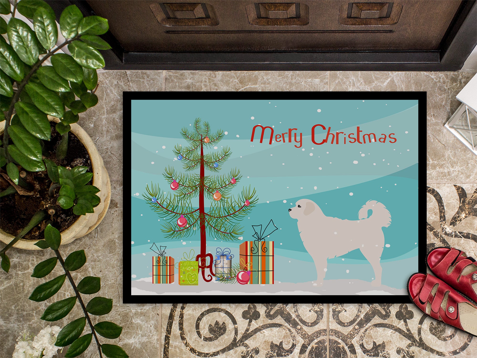 Polish Tatra Sheepdog Merry Christmas Tree Indoor or Outdoor Mat 18x27 BB2945MAT - the-store.com