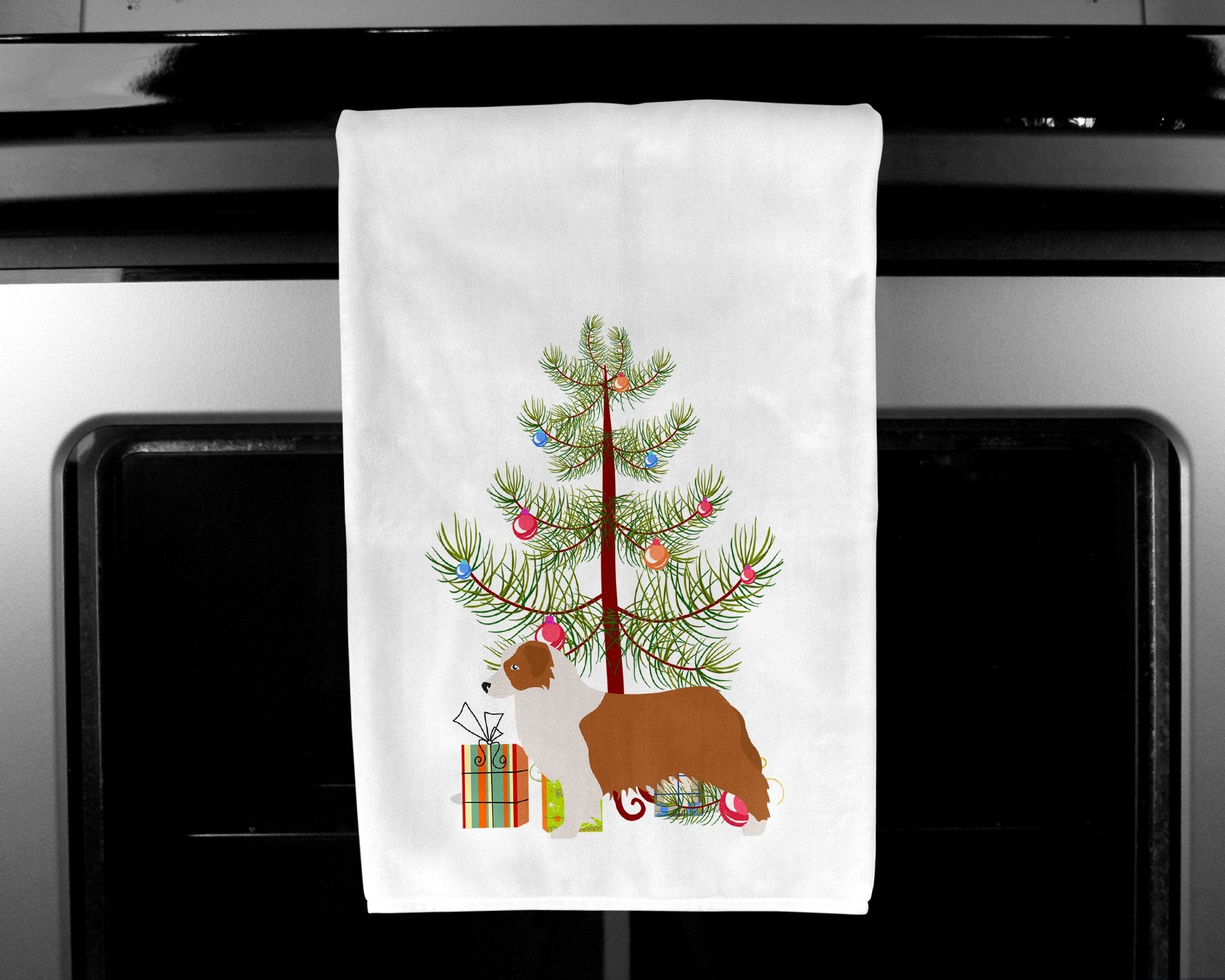 Australian Shepherd Dog Merry Christmas Tree White Kitchen Towel Set of 2 BB2951WTKT by Caroline's Treasures