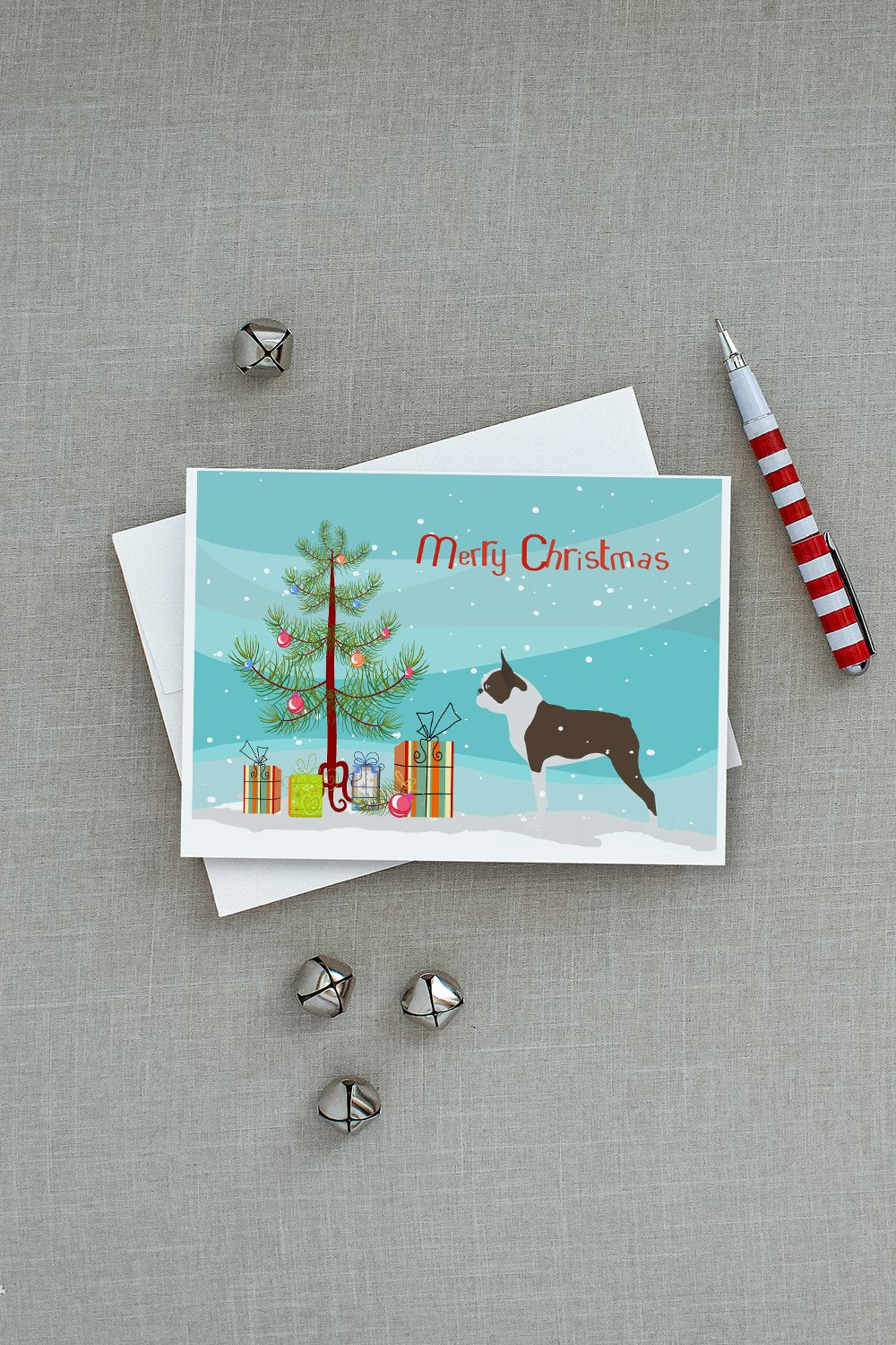 Boston Terrier Merry Christmas Tree Greeting Cards and Envelopes Pack of 8 - the-store.com