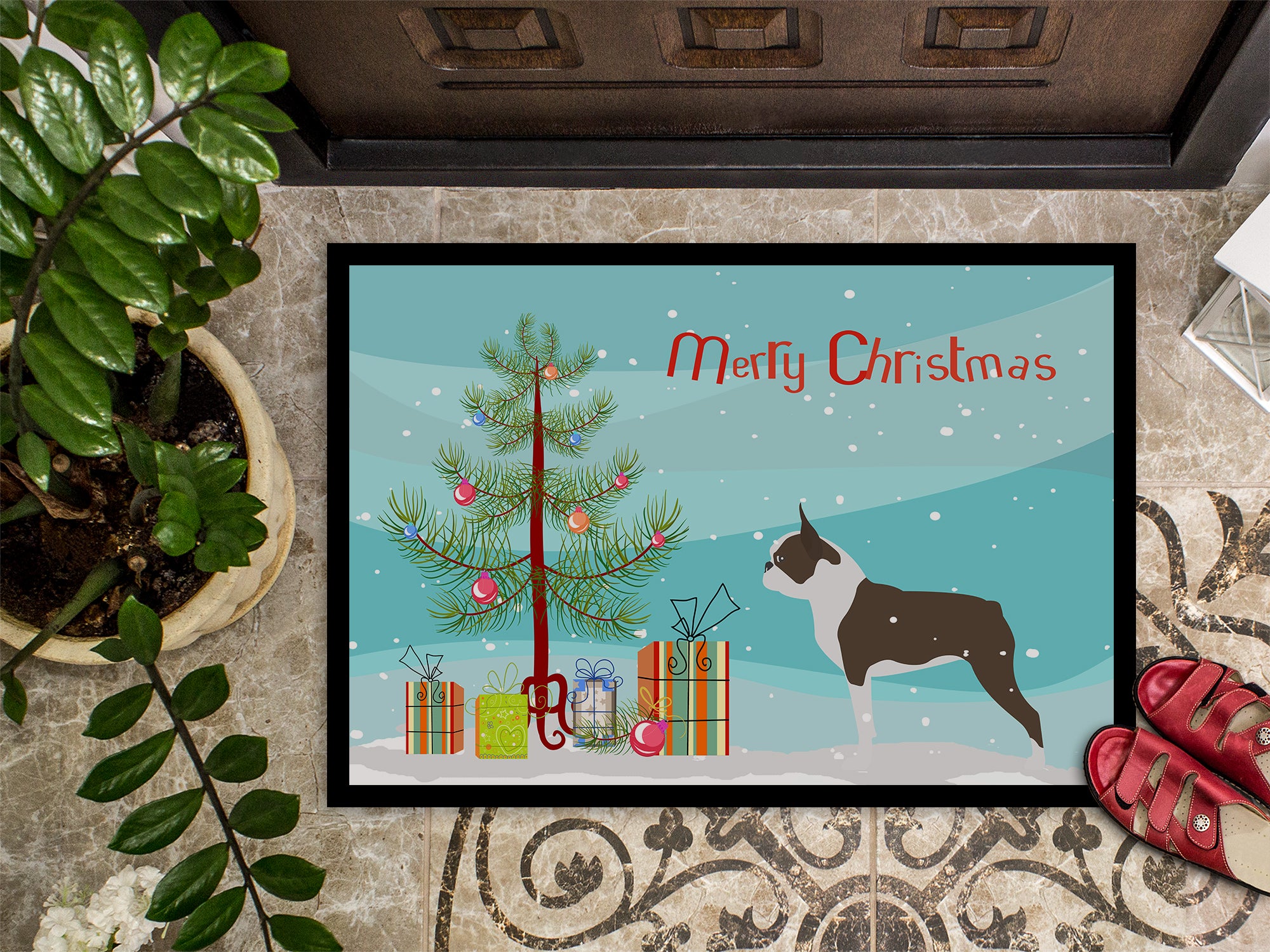 Boston Terrier Merry Christmas Tree Indoor or Outdoor Mat 18x27 BB2962MAT - the-store.com