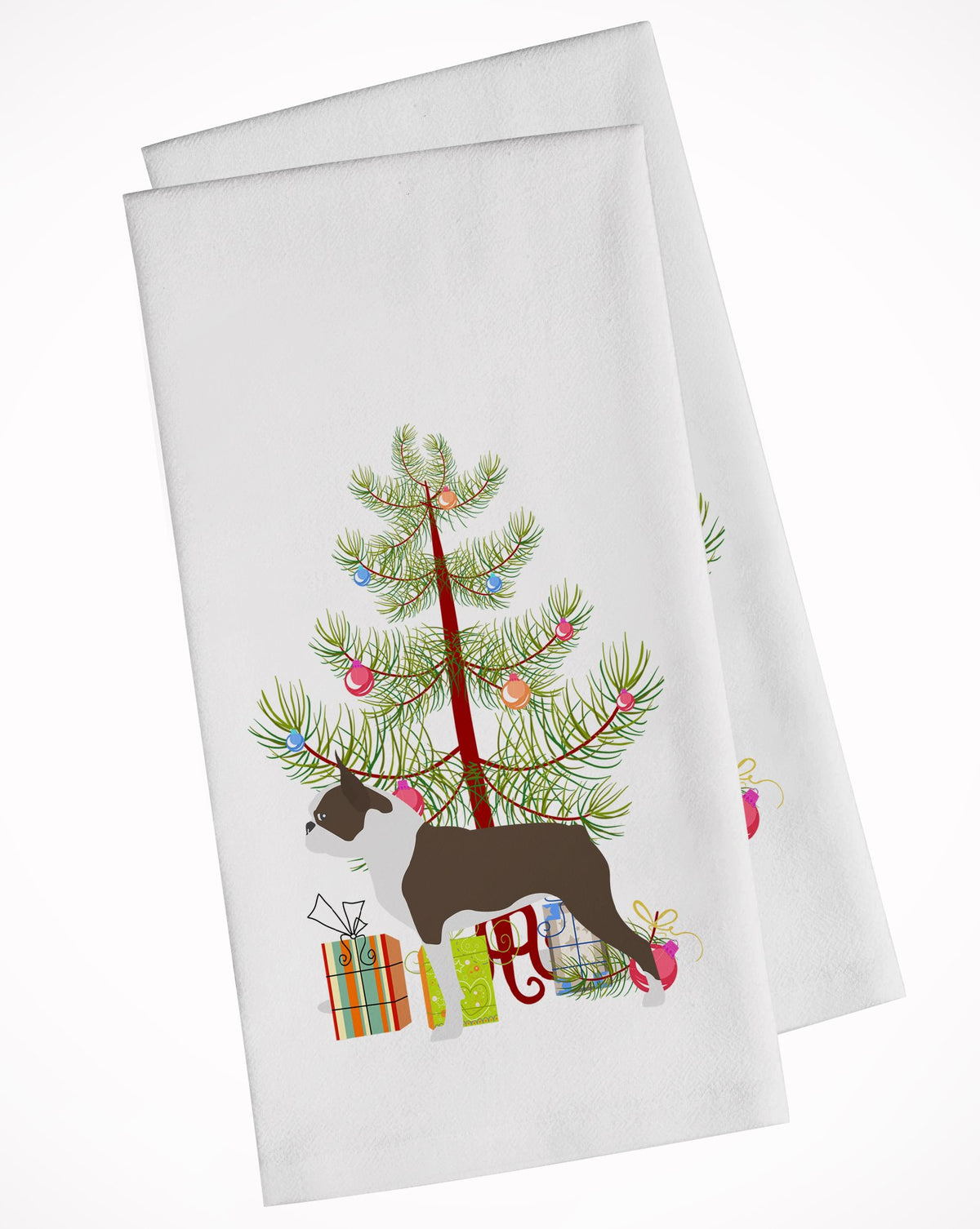 Boston Terrier Merry Christmas Tree White Kitchen Towel Set of 2 BB2962WTKT by Caroline&#39;s Treasures