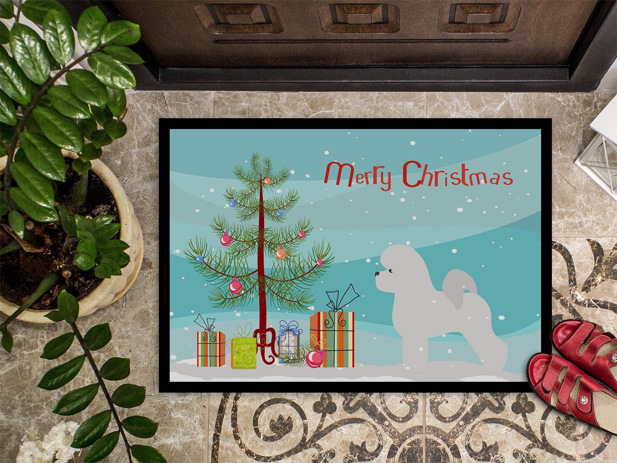 Bichon Frise Merry Christmas Tree Indoor or Outdoor Mat 18x27 BB2963MAT - the-store.com