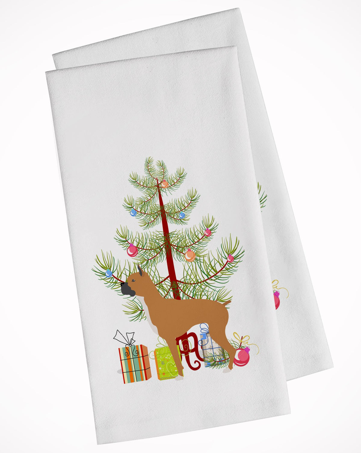 Boxer Merry Christmas Tree White Kitchen Towel Set of 2 BB2971WTKT by Caroline&#39;s Treasures