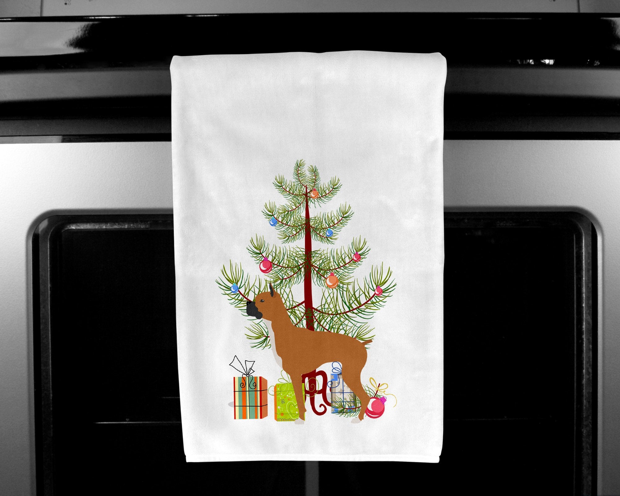 Boxer Merry Christmas Tree White Kitchen Towel Set of 2 BB2971WTKT by Caroline's Treasures