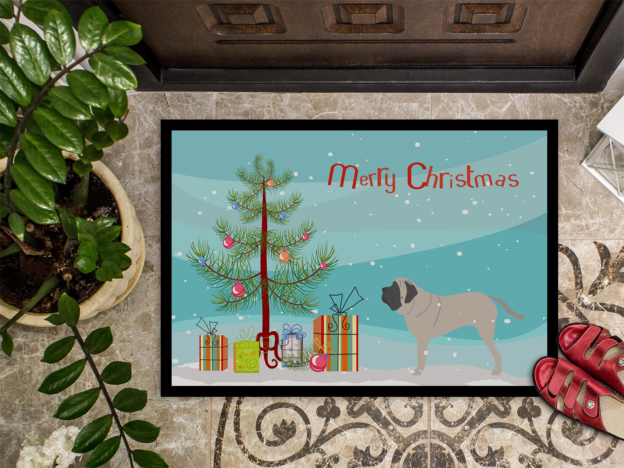English Mastiff Merry Christmas Tree Indoor or Outdoor Mat 18x27 BB2974MAT - the-store.com