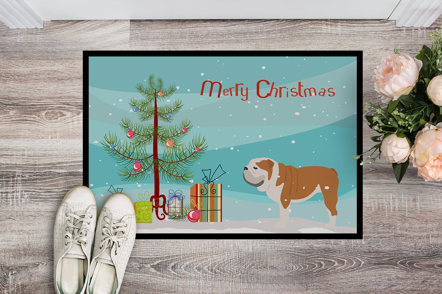 English Bulldog Merry Christmas Tree Indoor or Outdoor Mat 18x27 BB2980MAT - the-store.com