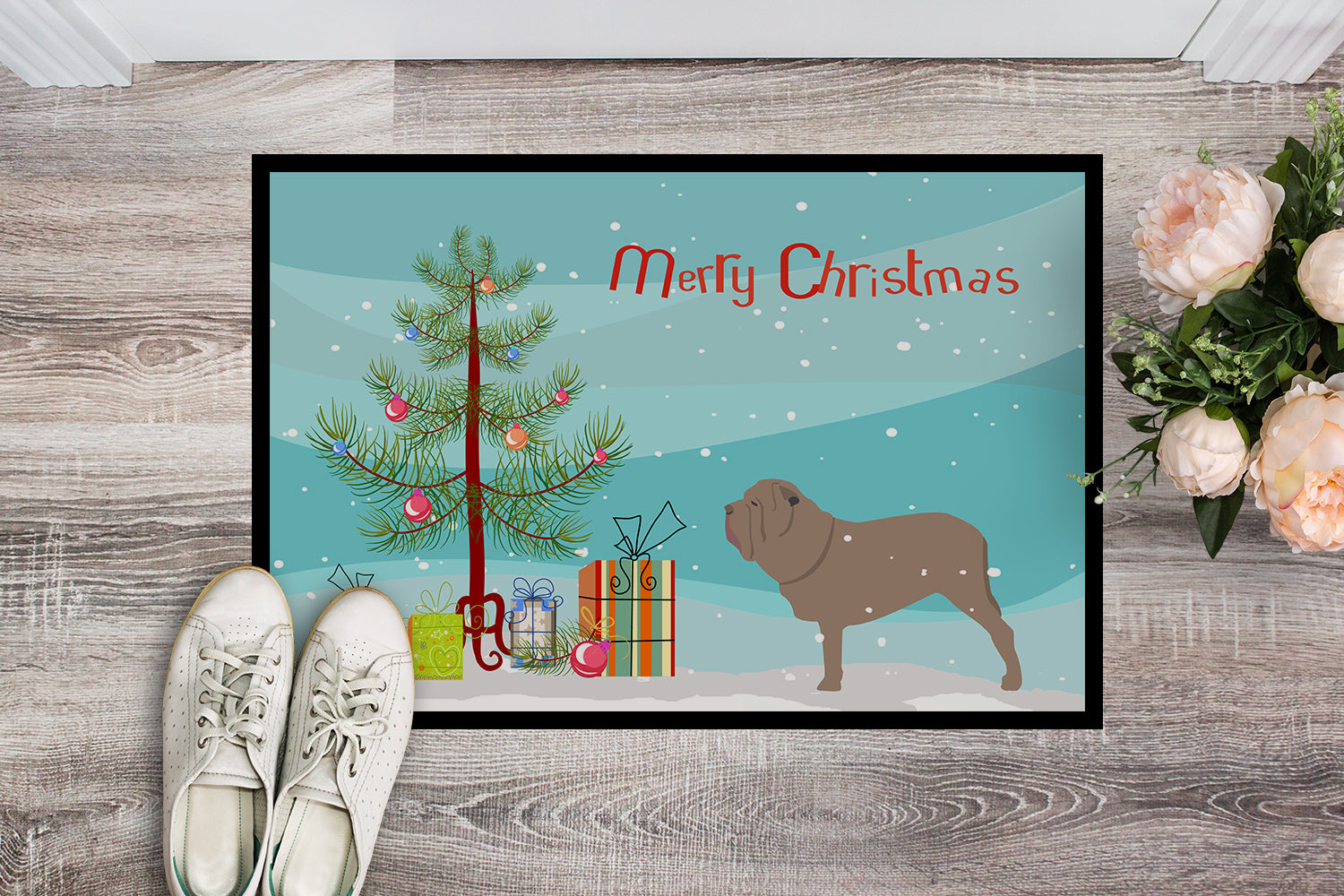 Neapolitan Mastiff Merry Christmas Tree Indoor or Outdoor Mat 18x27 BB2983MAT - the-store.com