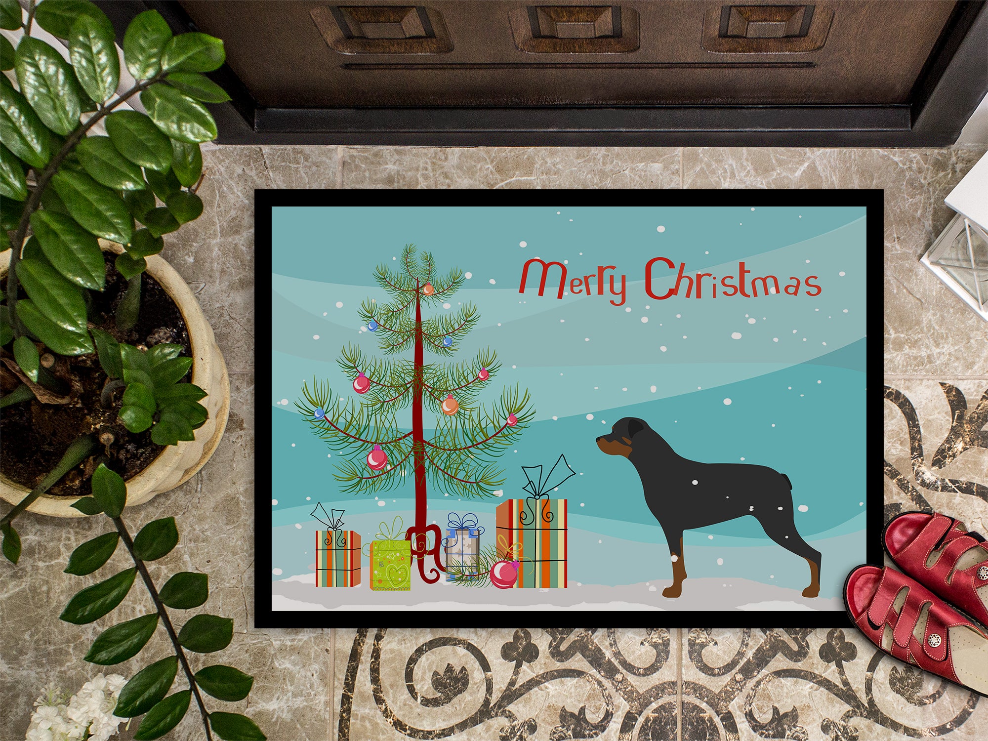 Rottweiler Merry Christmas Tree Indoor or Outdoor Mat 18x27 BB2984MAT - the-store.com