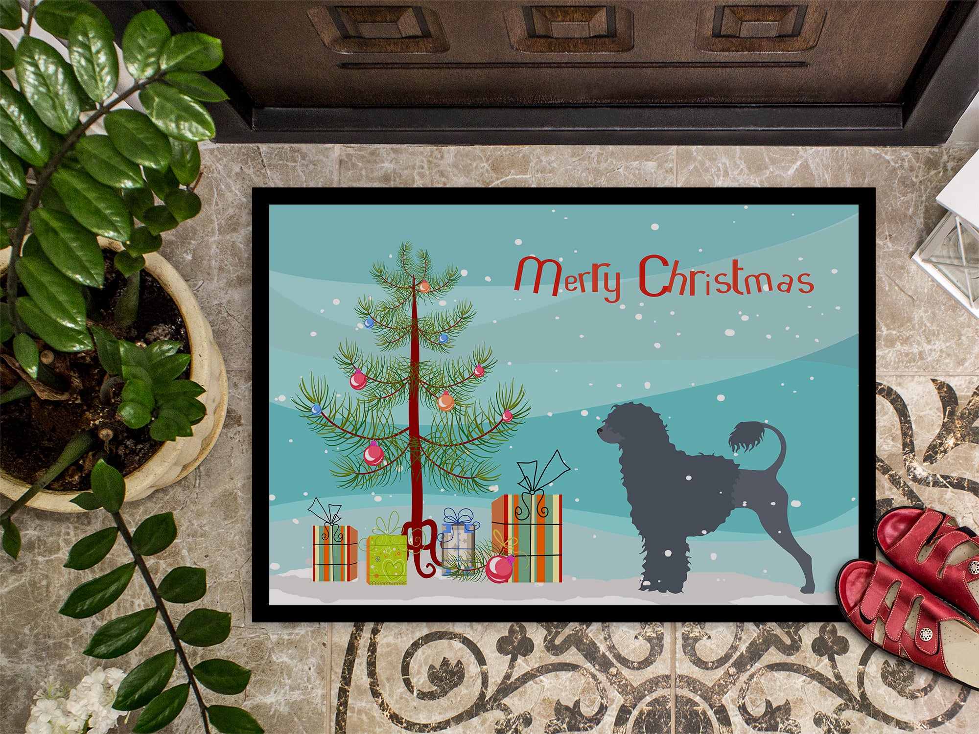 Portuguese Water Dog Merry Christmas Tree Indoor or Outdoor Mat 18x27 BB2986MAT - the-store.com