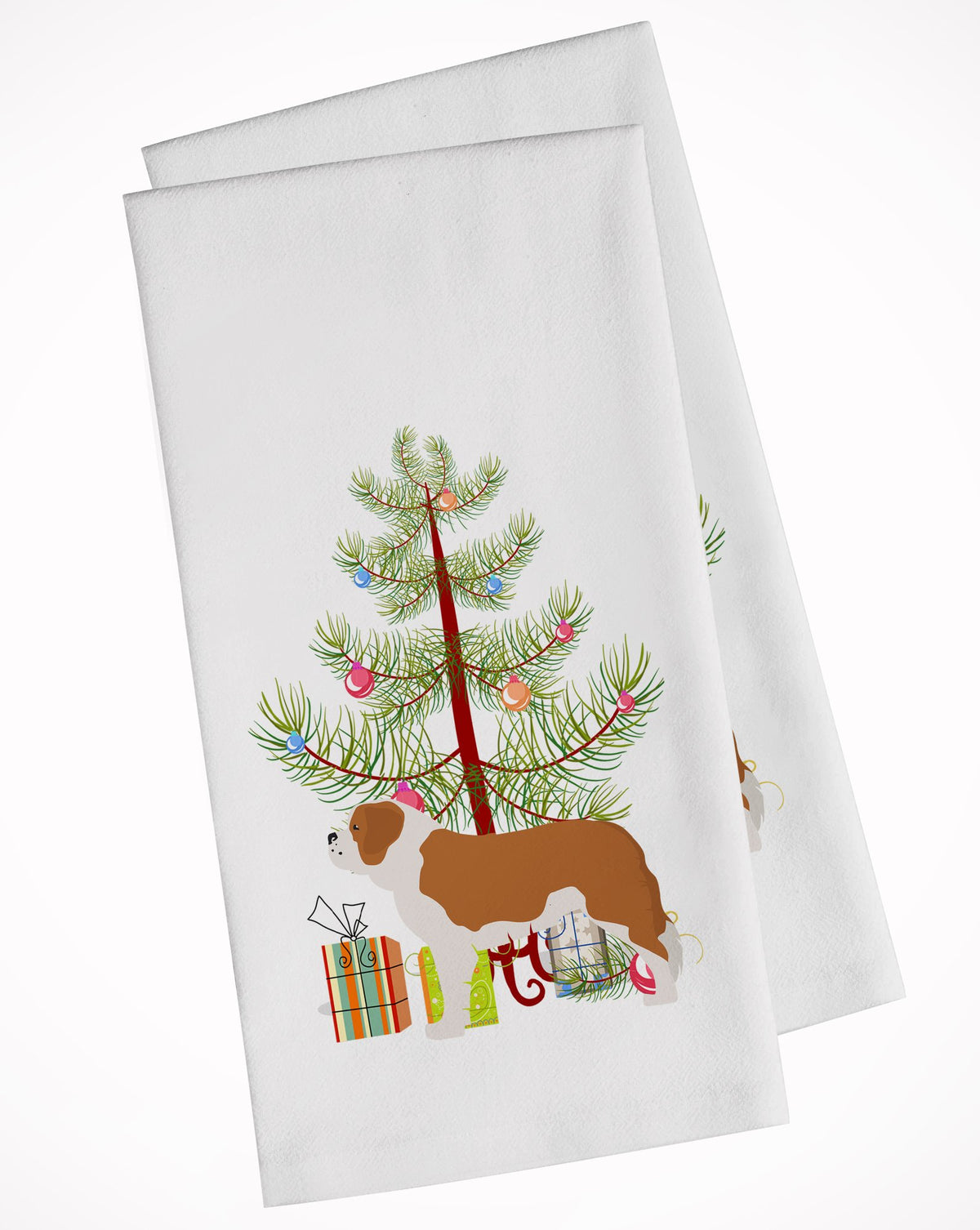 Saint Bernard Merry Christmas Tree White Kitchen Towel Set of 2 BB2994WTKT by Caroline&#39;s Treasures