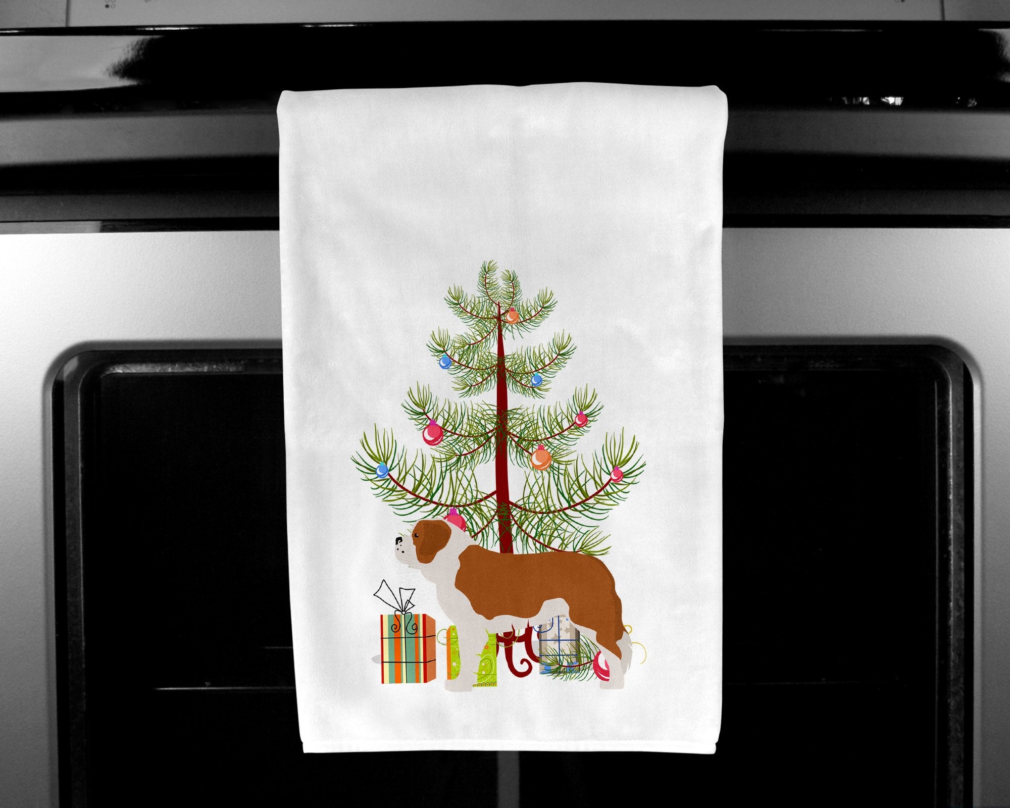 Saint Bernard Merry Christmas Tree White Kitchen Towel Set of 2 BB2994WTKT by Caroline's Treasures