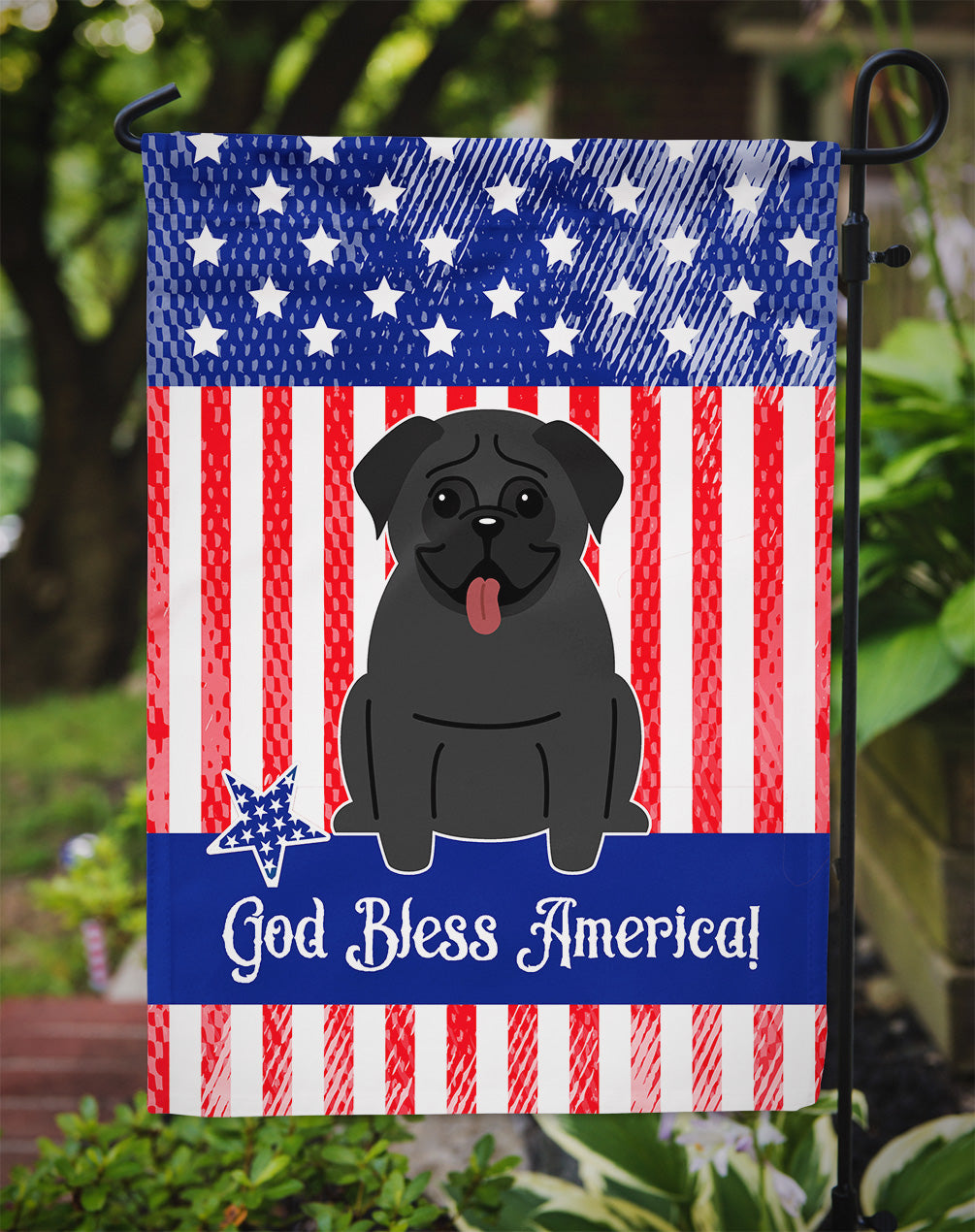 Patriotic USA Pug Black Flag Garden Size  the-store.com.