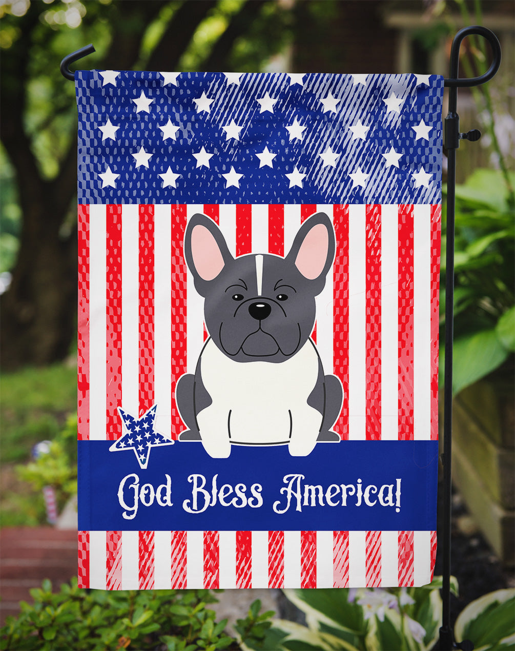 Patriotic USA French Bulldog Black White Flag Garden Size  the-store.com.