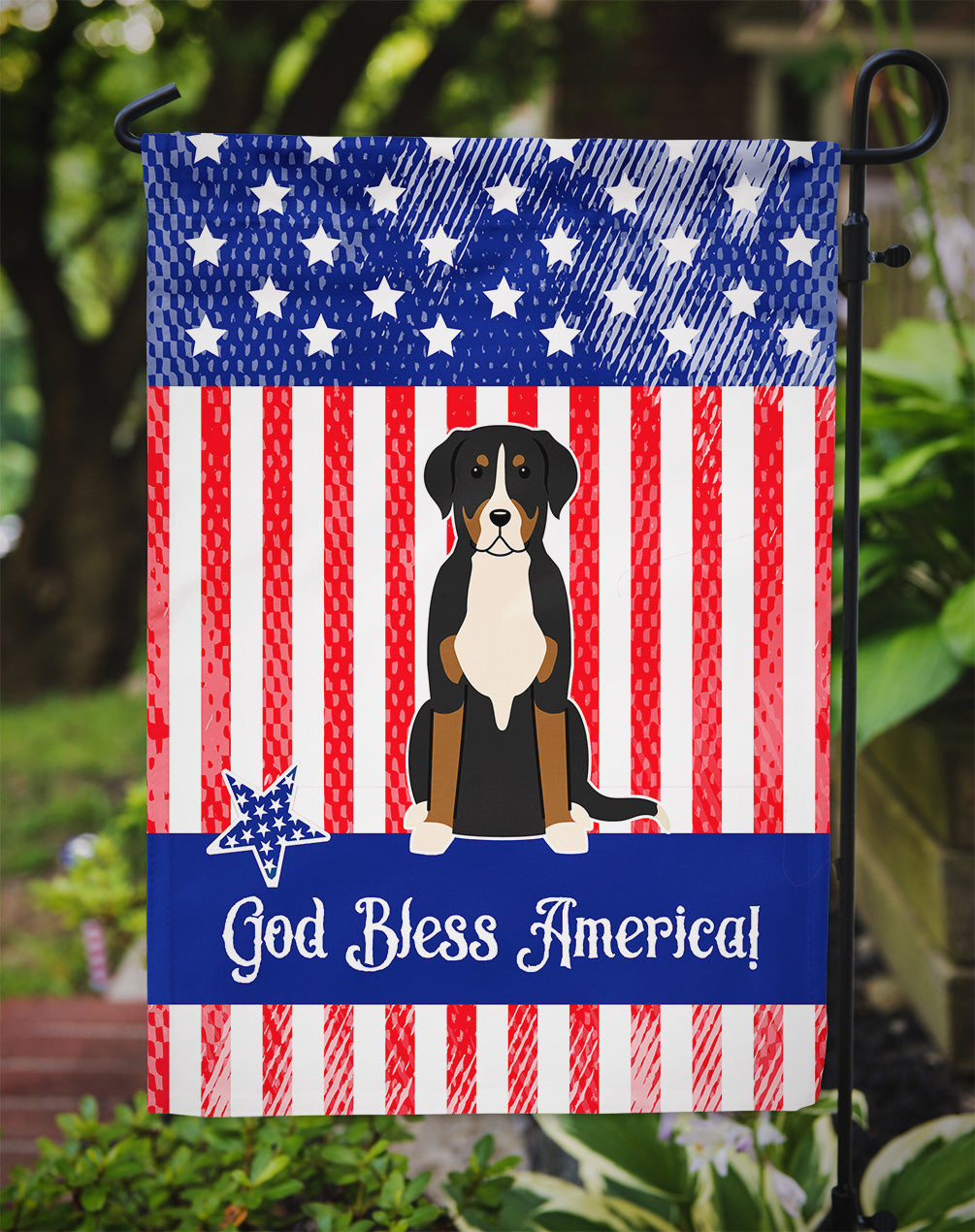 Patriotic USA Greater Swiss Mountain Dog Flag Garden Size  the-store.com.