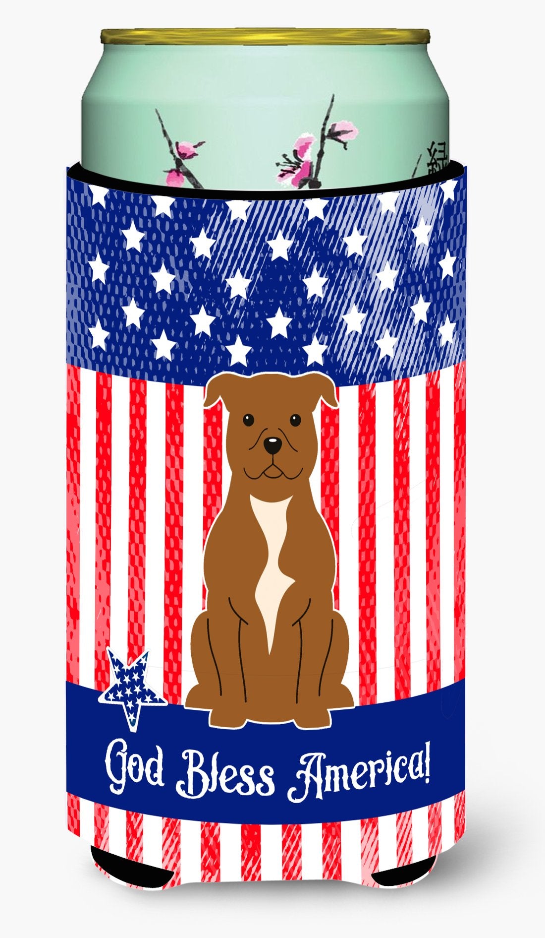 Patriotic USA Staffordshire Bull Terrier Brown Tall Boy Beverage Insulator Hugger BB3042TBC by Caroline&#39;s Treasures
