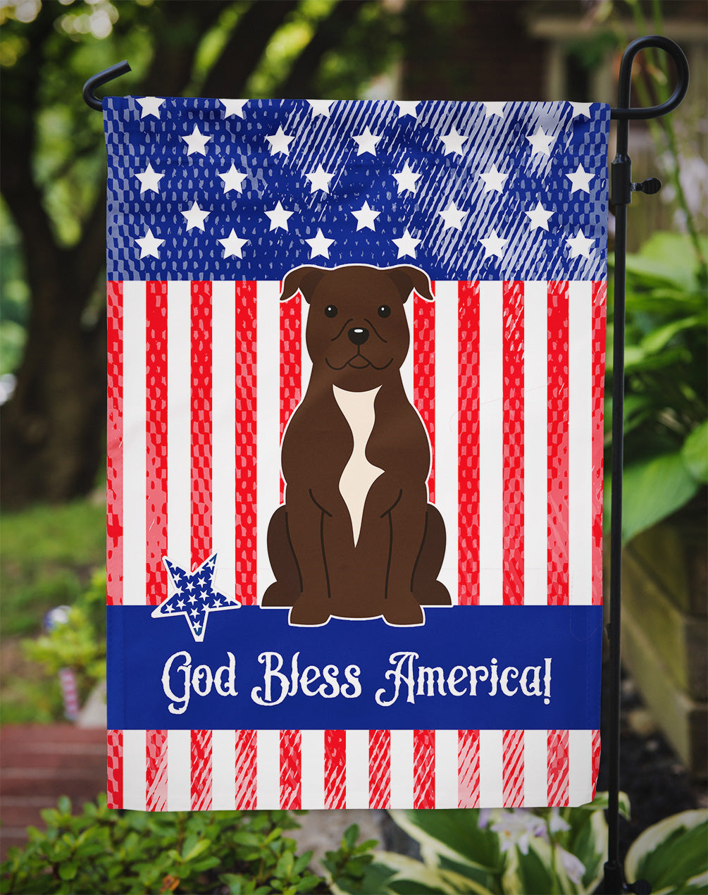 Patriotic USA Staffordshire Bull Terrier Chocolate Flag Garden Size BB3043GF  the-store.com.