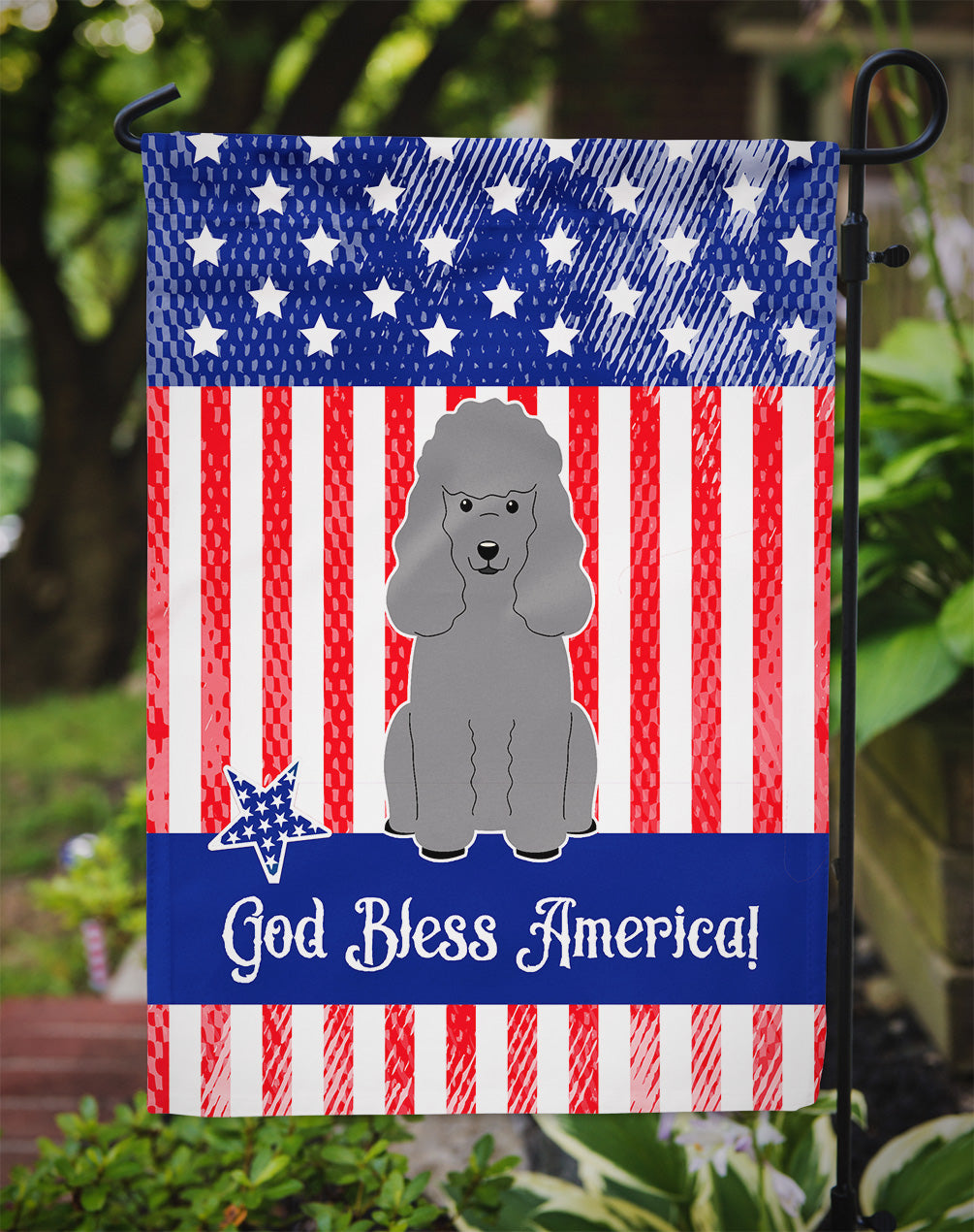 Patriotic USA Poodle Silver Flag Garden Size  the-store.com.