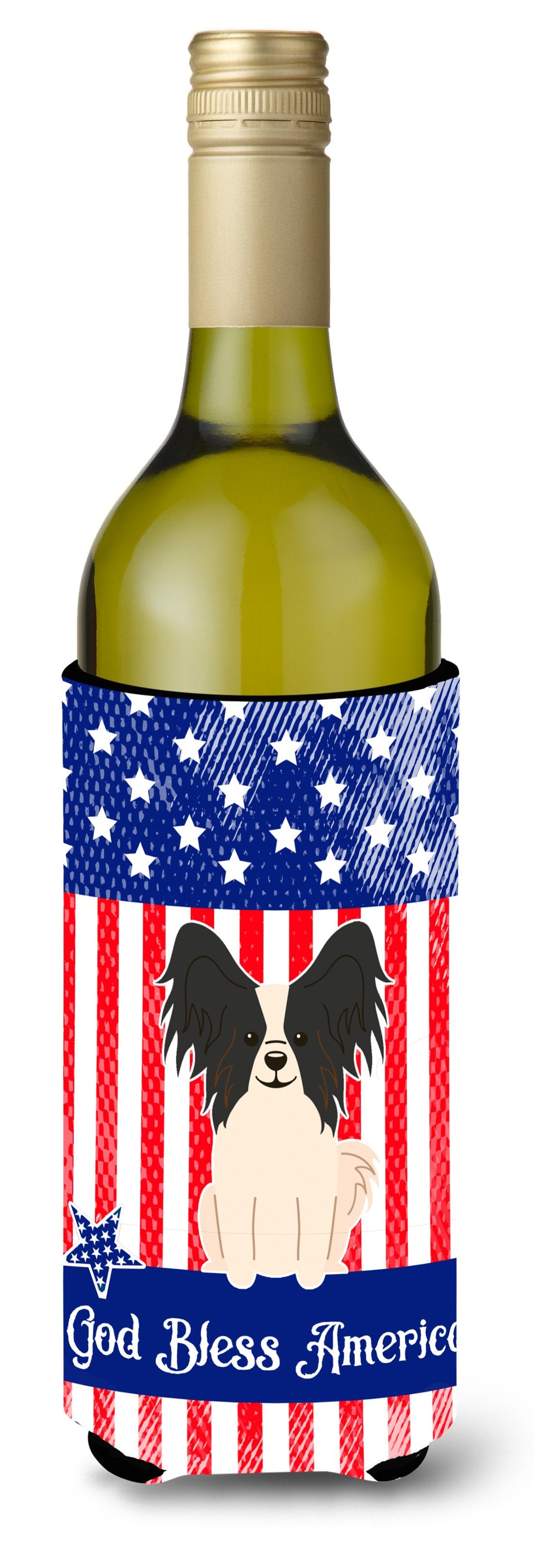Patriotic USA Papillon Black White Wine Bottle Beverge Insulator Hugger by Caroline&#39;s Treasures