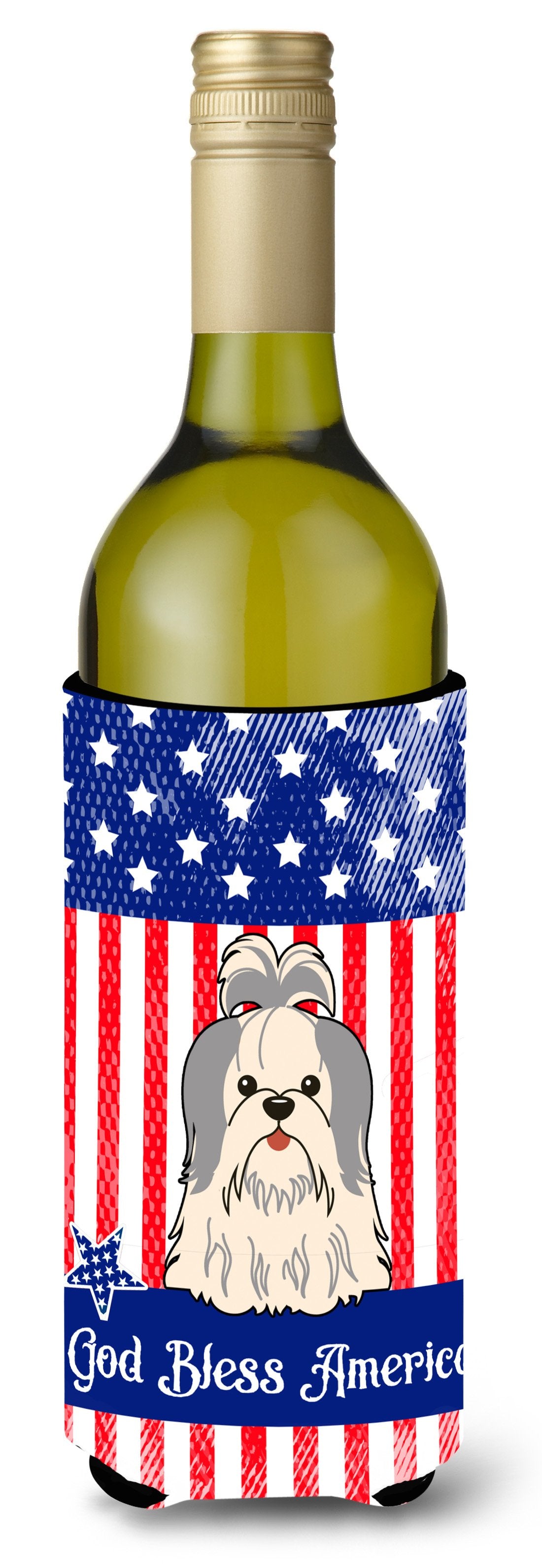 Patriotic USA Shih Tzu Silver White Wine Bottle Beverge Insulator Hugger by Caroline&#39;s Treasures