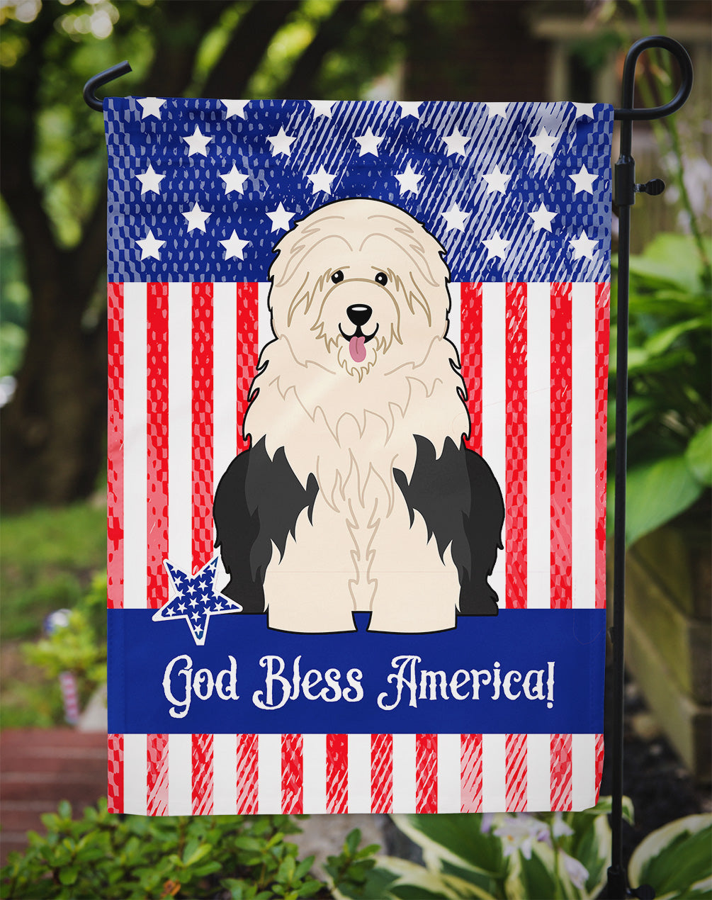 Patriotic USA Old English Sheepdog Flag Garden Size