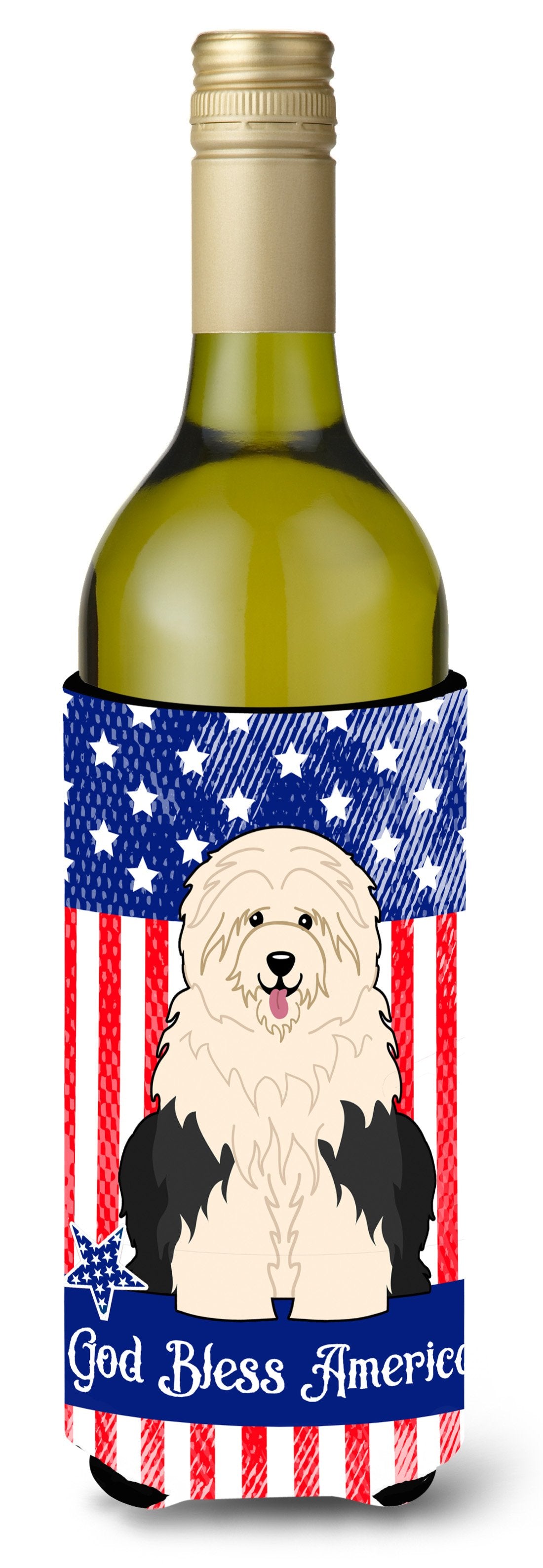 Patriotic USA Old English Sheepdog Wine Bottle Beverge Insulator Hugger by Caroline&#39;s Treasures