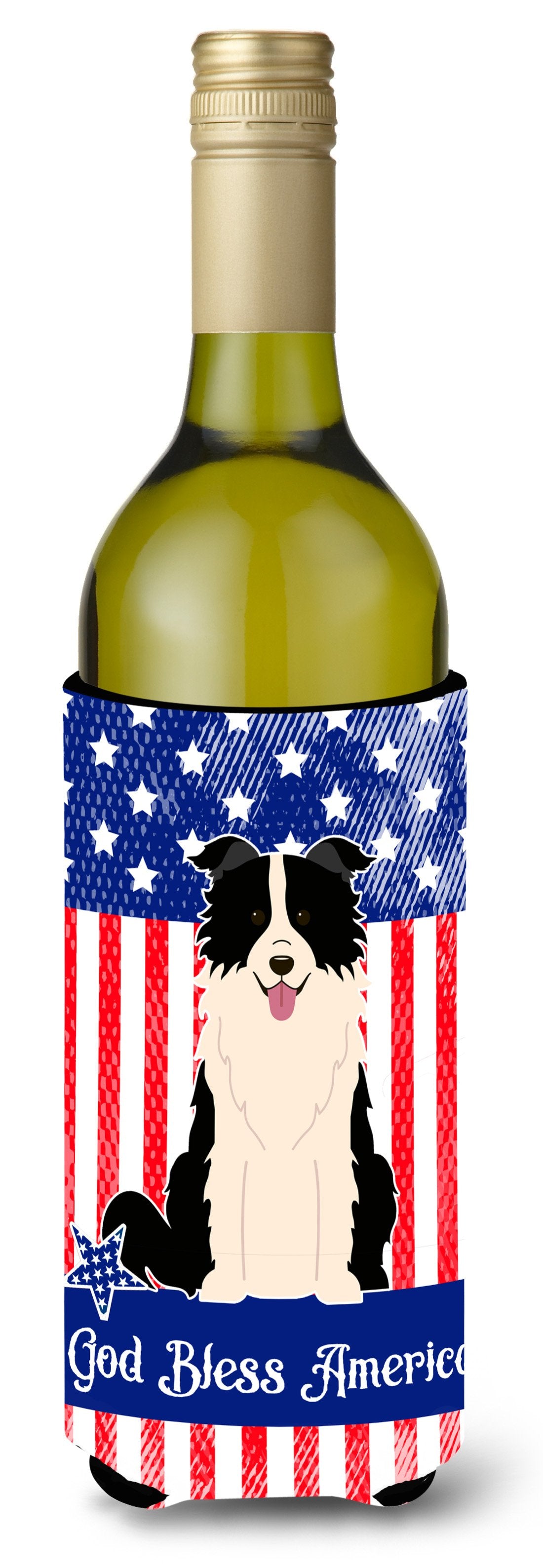Patriotic USA Border Collie Black White Wine Bottle Beverge Insulator Hugger by Caroline&#39;s Treasures