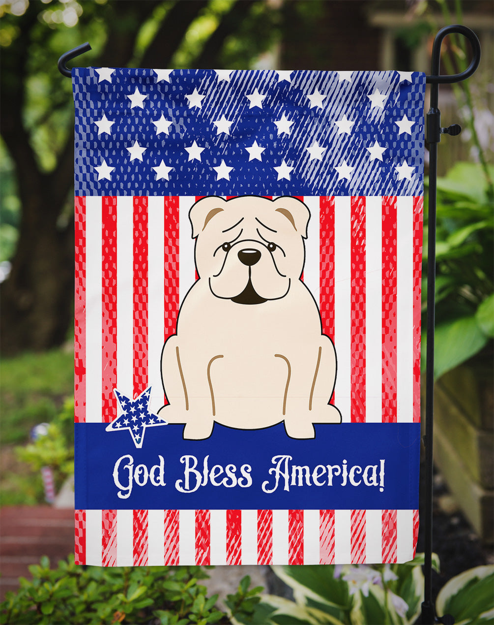 Patriotic USA English Bulldog White Flag Garden Size