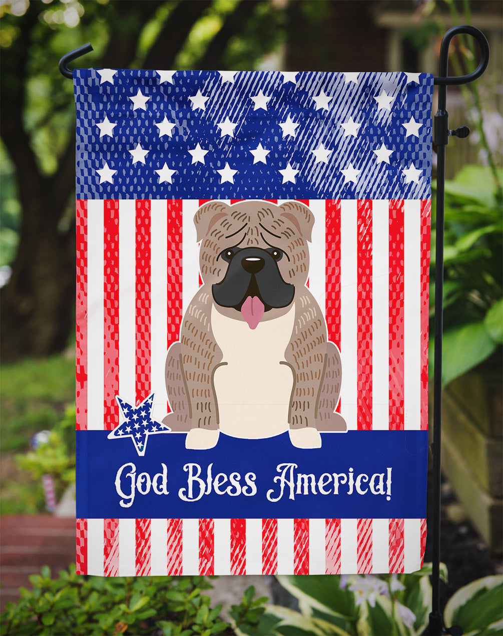 Patriotic USA English Bulldog Grey Brindle Flag Garden Size  the-store.com.