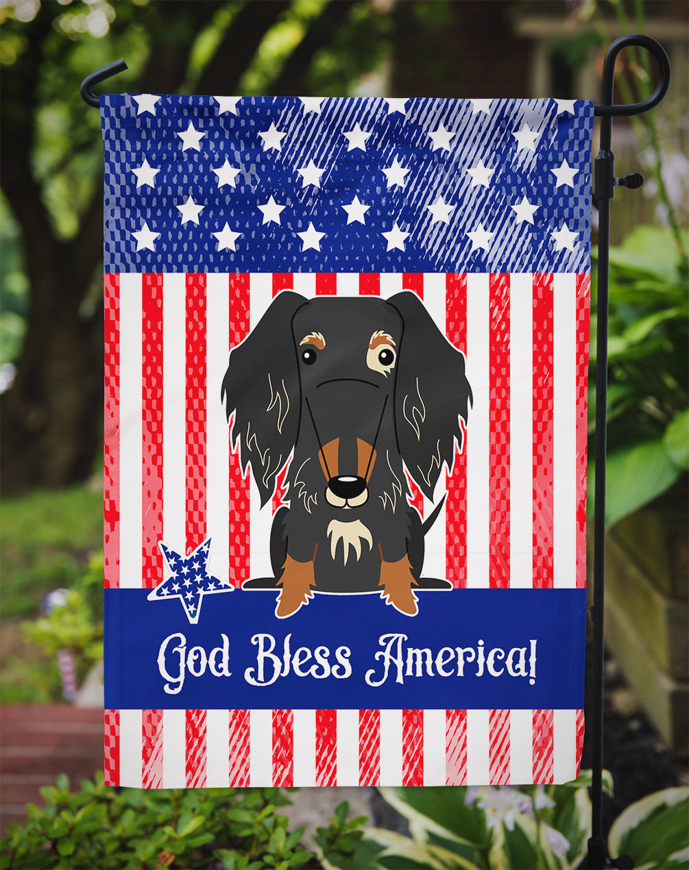 Patriotic USA Wire Haired Dachshund Dapple Flag Garden Size  the-store.com.