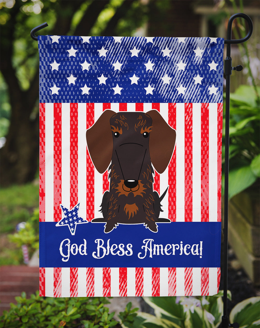 Patriotic USA Wire Haired Dachshund Chocolate Flag Garden Size  the-store.com.