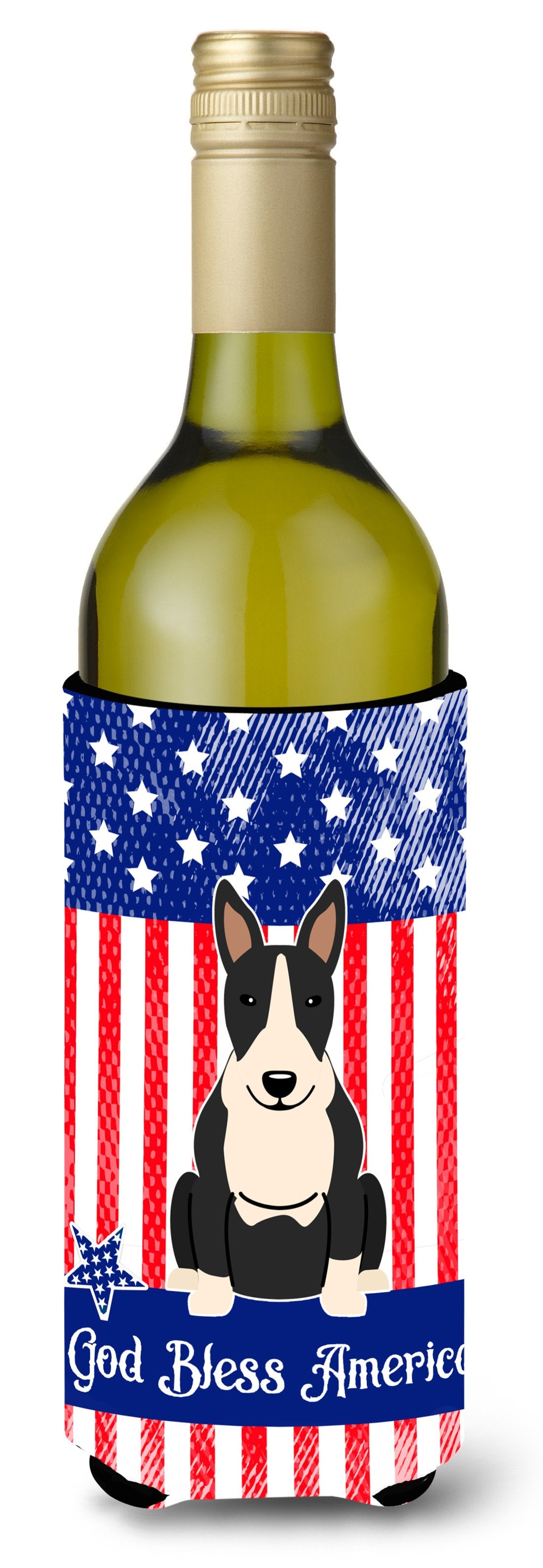 Patriotic USA Bull Terrier Black White Wine Bottle Beverge Insulator Hugger by Caroline&#39;s Treasures