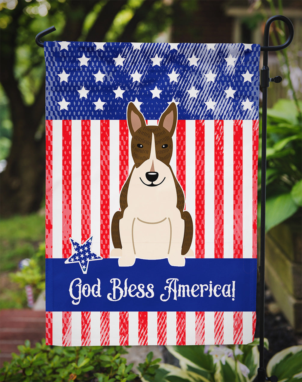 Patriotic USA Bull Terrier Dark Brindle Flag Garden Size  the-store.com.