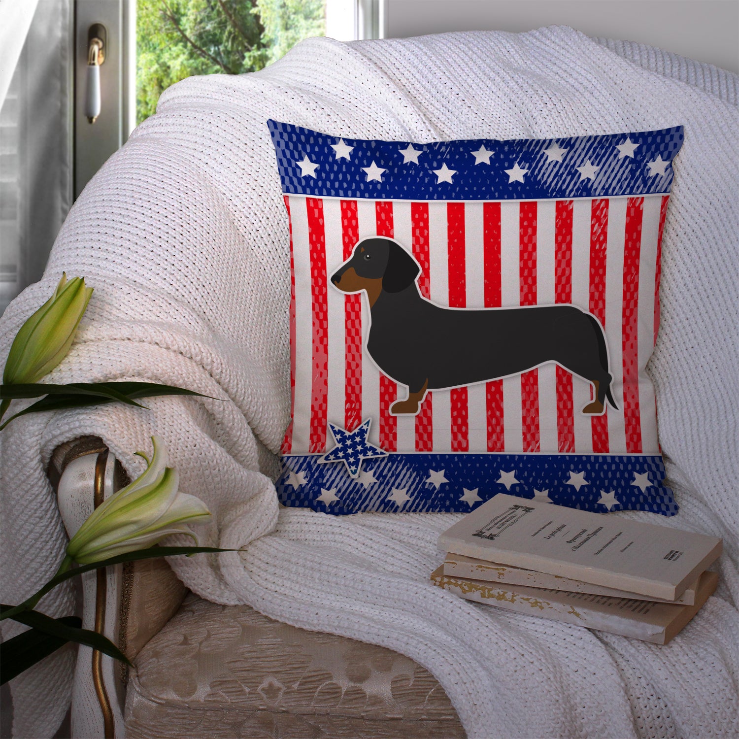 USA Patriotic Dachshund Fabric Decorative Pillow BB3282PW1414 - the-store.com