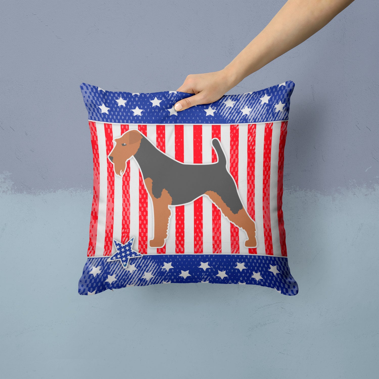 USA Patriotic Welsh Terrier Fabric Decorative Pillow BB3285PW1414 - the-store.com
