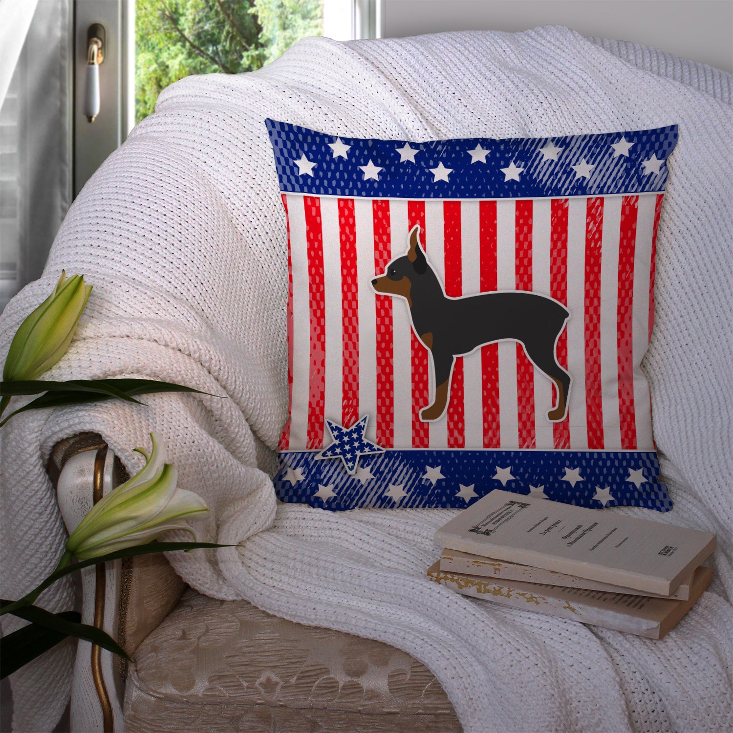 USA Patriotic Toy Fox Terrier Fabric Decorative Pillow BB3287PW1414 - the-store.com