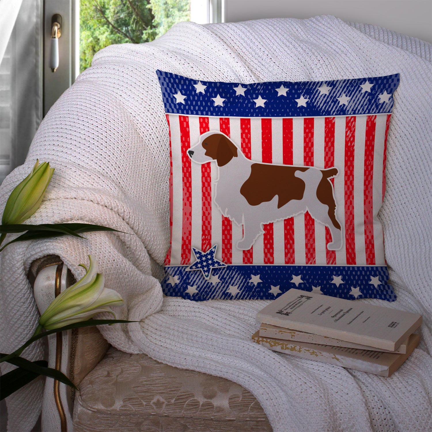 USA Patriotic Welsh Springer Spaniel Fabric Decorative Pillow BB3300PW1414 - the-store.com