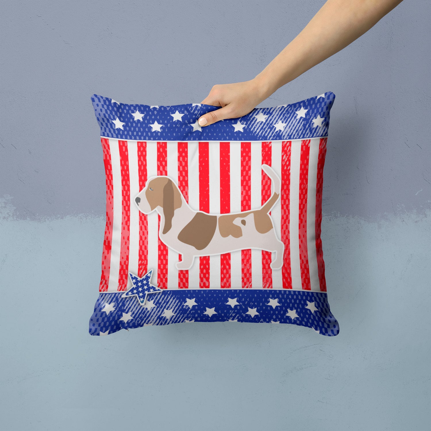 USA Patriotic Basset Hound Fabric Decorative Pillow BB3302PW1414 - the-store.com