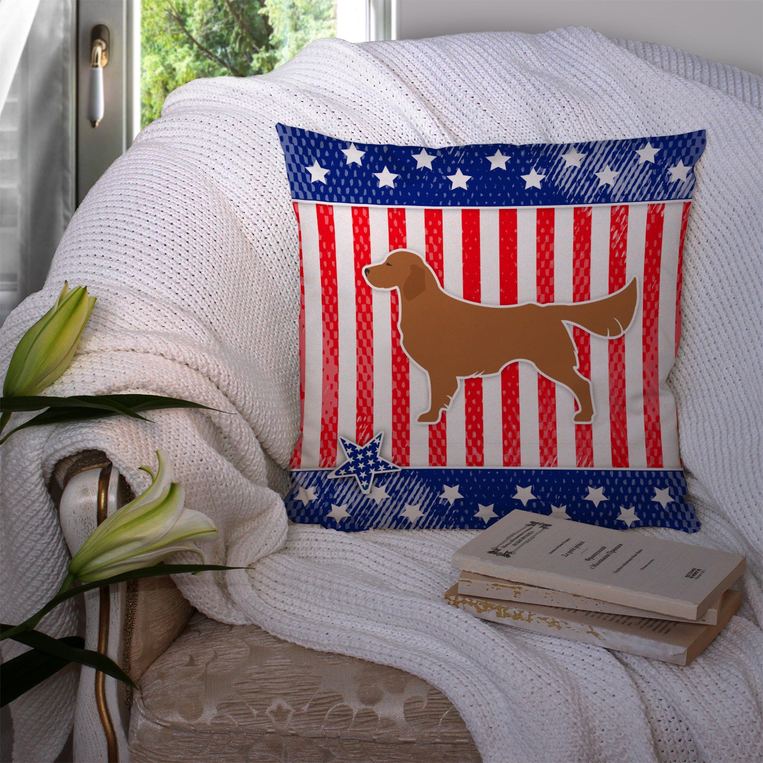 USA Patriotic Golden Retriever Fabric Decorative Pillow BB3304PW1414 - the-store.com