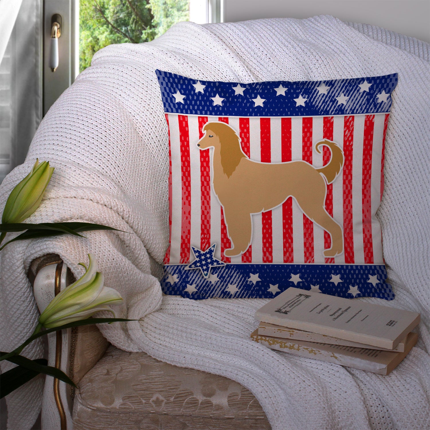 USA Patriotic Afghan Hound Fabric Decorative Pillow BB3306PW1414 - the-store.com