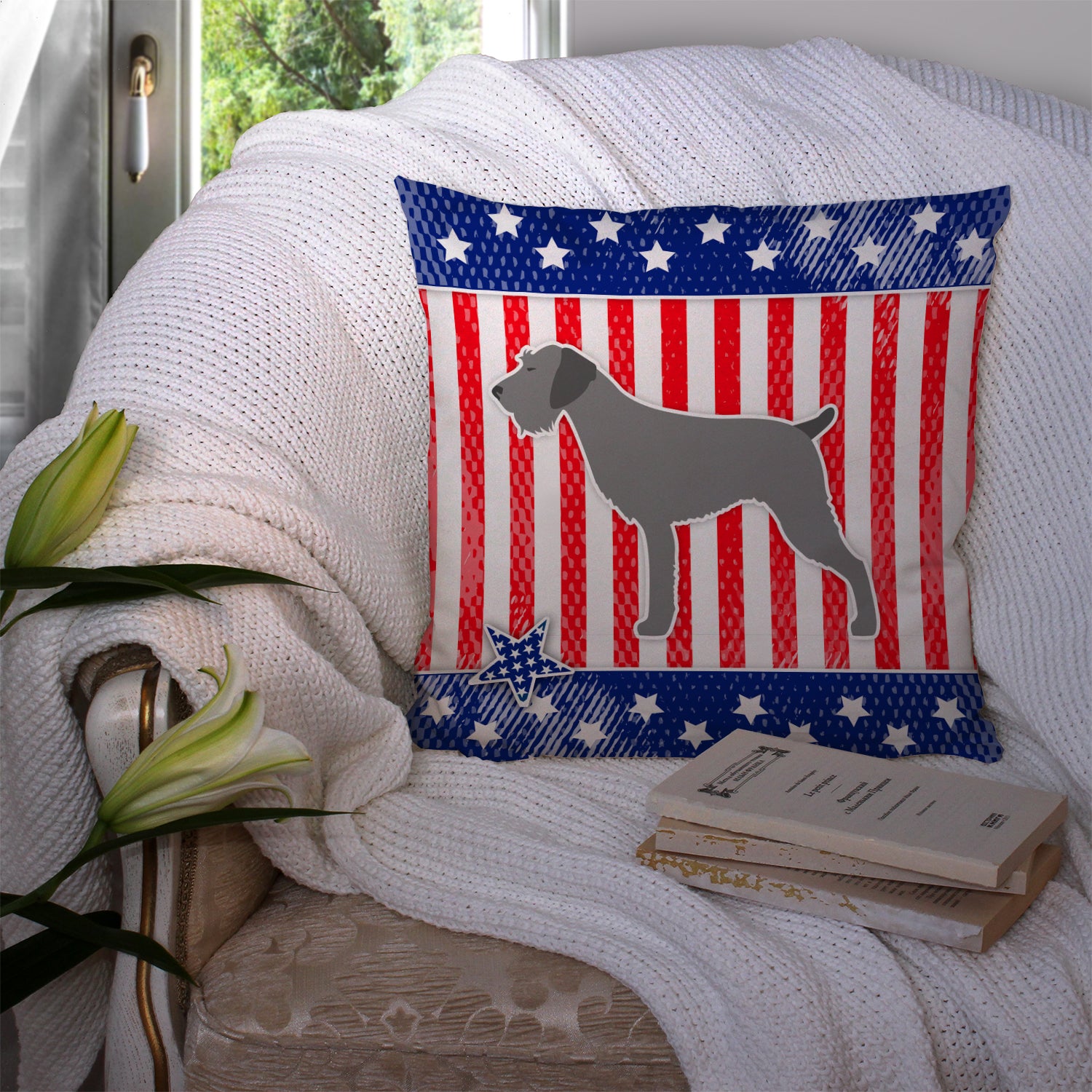 USA Patriotic German Wirehaired Pointer Fabric Decorative Pillow BB3311PW1414 - the-store.com