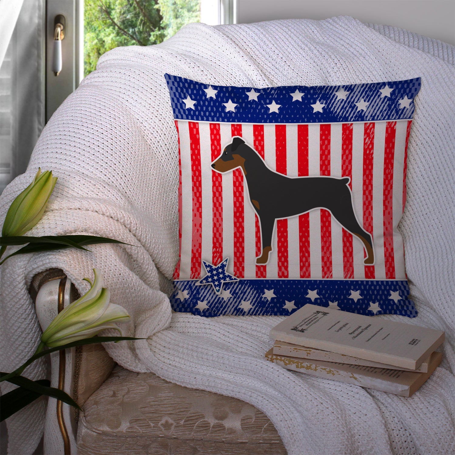 USA Patriotic German Pinscher Fabric Decorative Pillow BB3313PW1414 - the-store.com