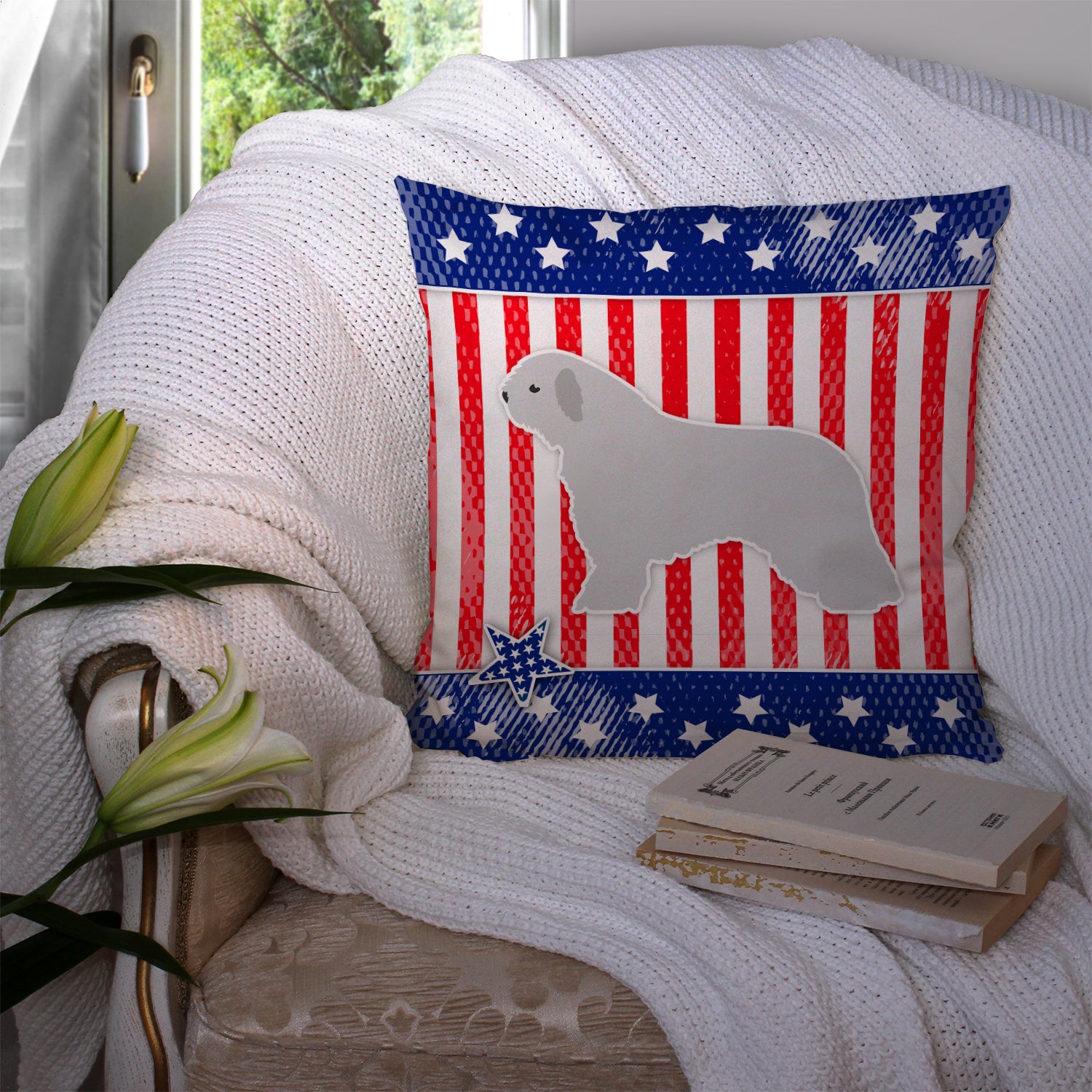USA Patriotic Spanish Water Dog Fabric Decorative Pillow BB3315PW1414 - the-store.com