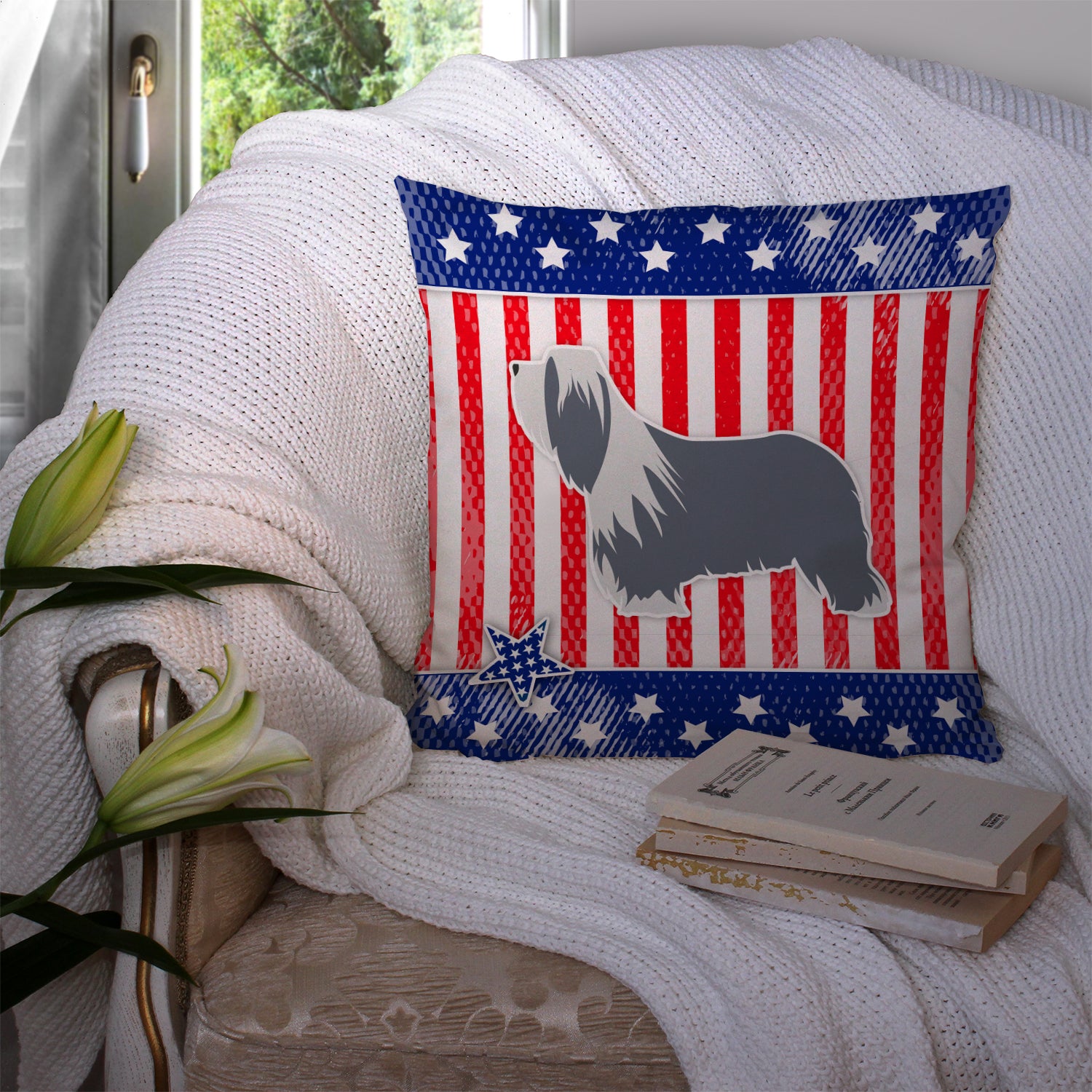USA Patriotic Bearded Collie Fabric Decorative Pillow BB3317PW1414 - the-store.com