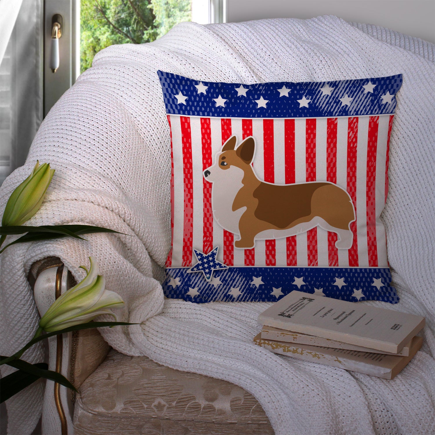 USA Patriotic Corgi Fabric Decorative Pillow BB3320PW1414 - the-store.com