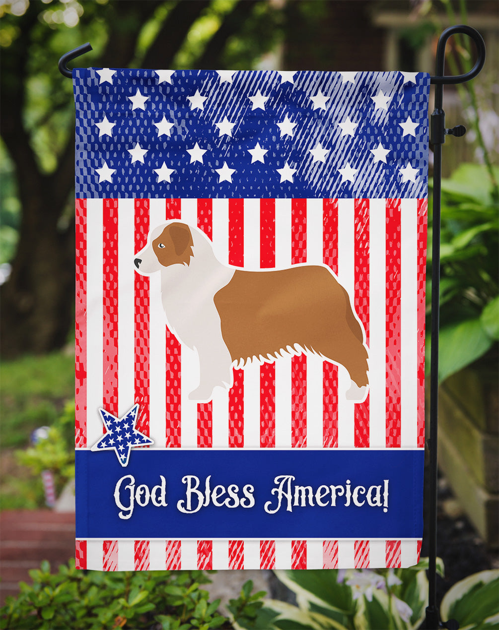 USA Patriotic Australian Shepherd Dog Flag Garden Size BB3333GF
