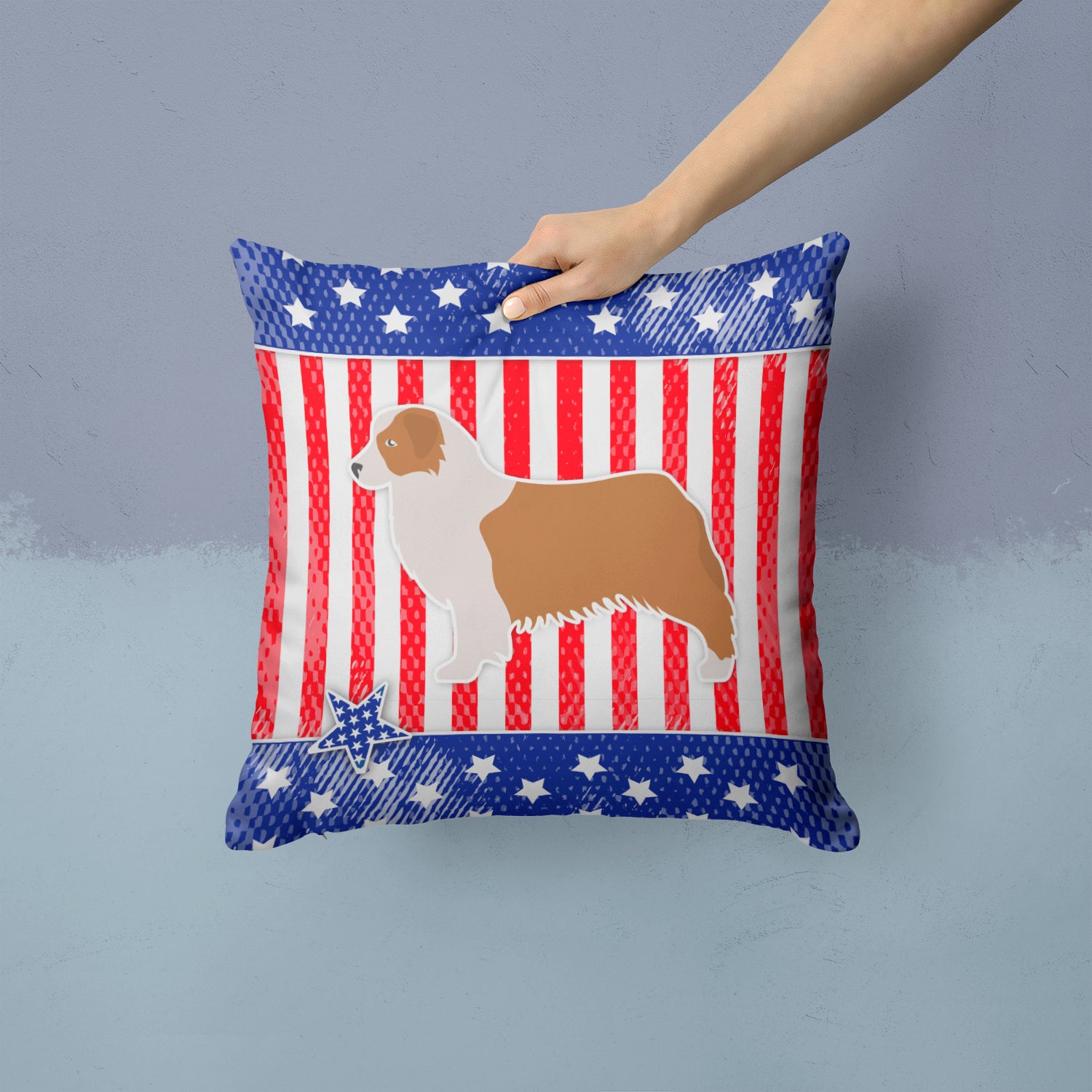 USA Patriotic Australian Shepherd Dog Fabric Decorative Pillow BB3333PW1414 - the-store.com