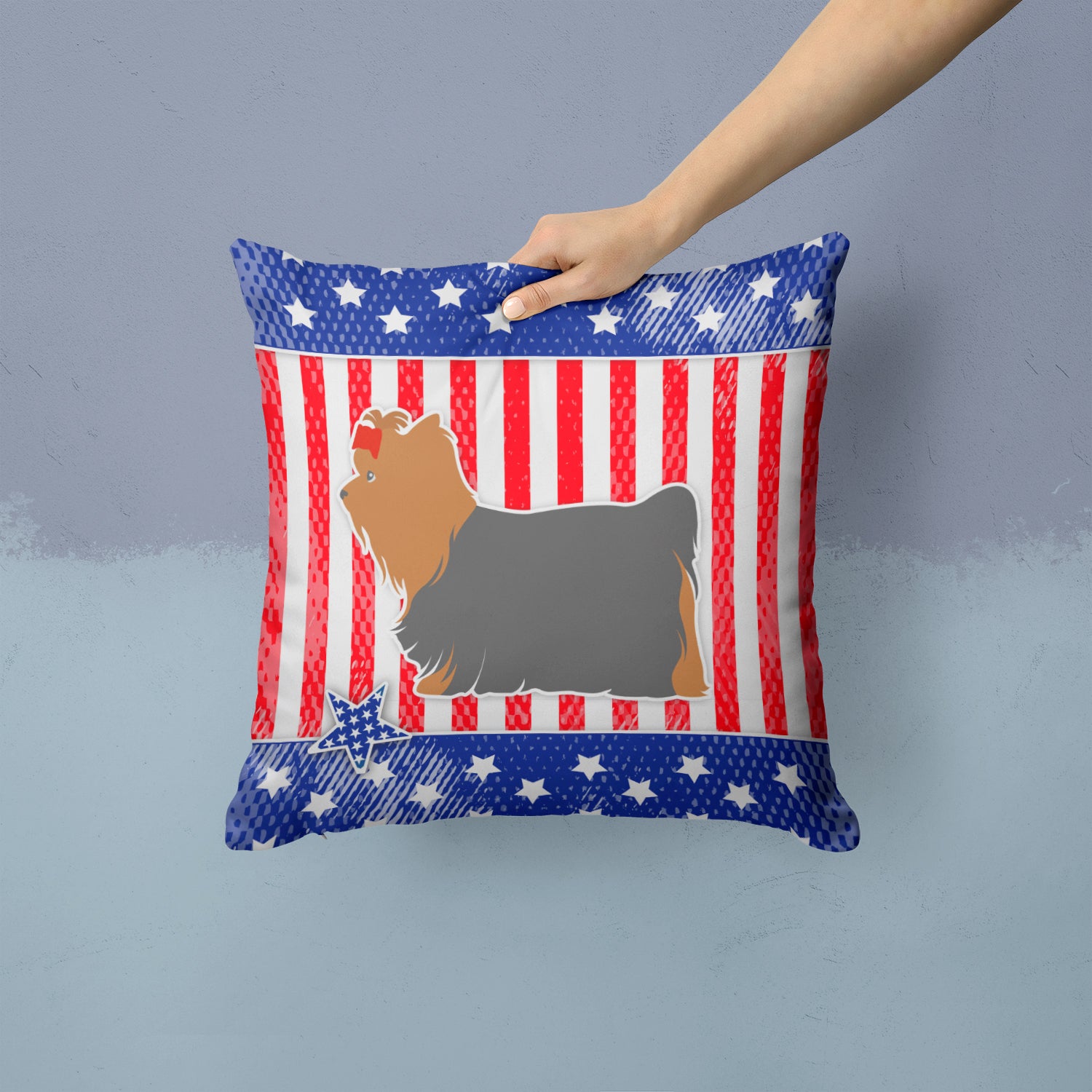 USA Patriotic Yorkshire Terrier Yorkie Fabric Decorative Pillow BB3334PW1414 - the-store.com